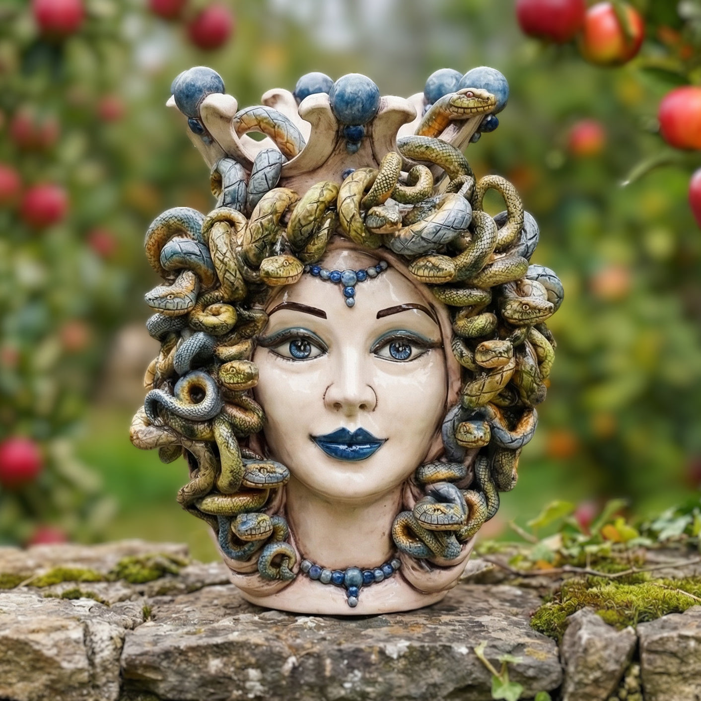 Medusa Head Vase H 38 cm / 15", Antique Mother of Pearl – Testa di Moro from Caltagirone, Sicily