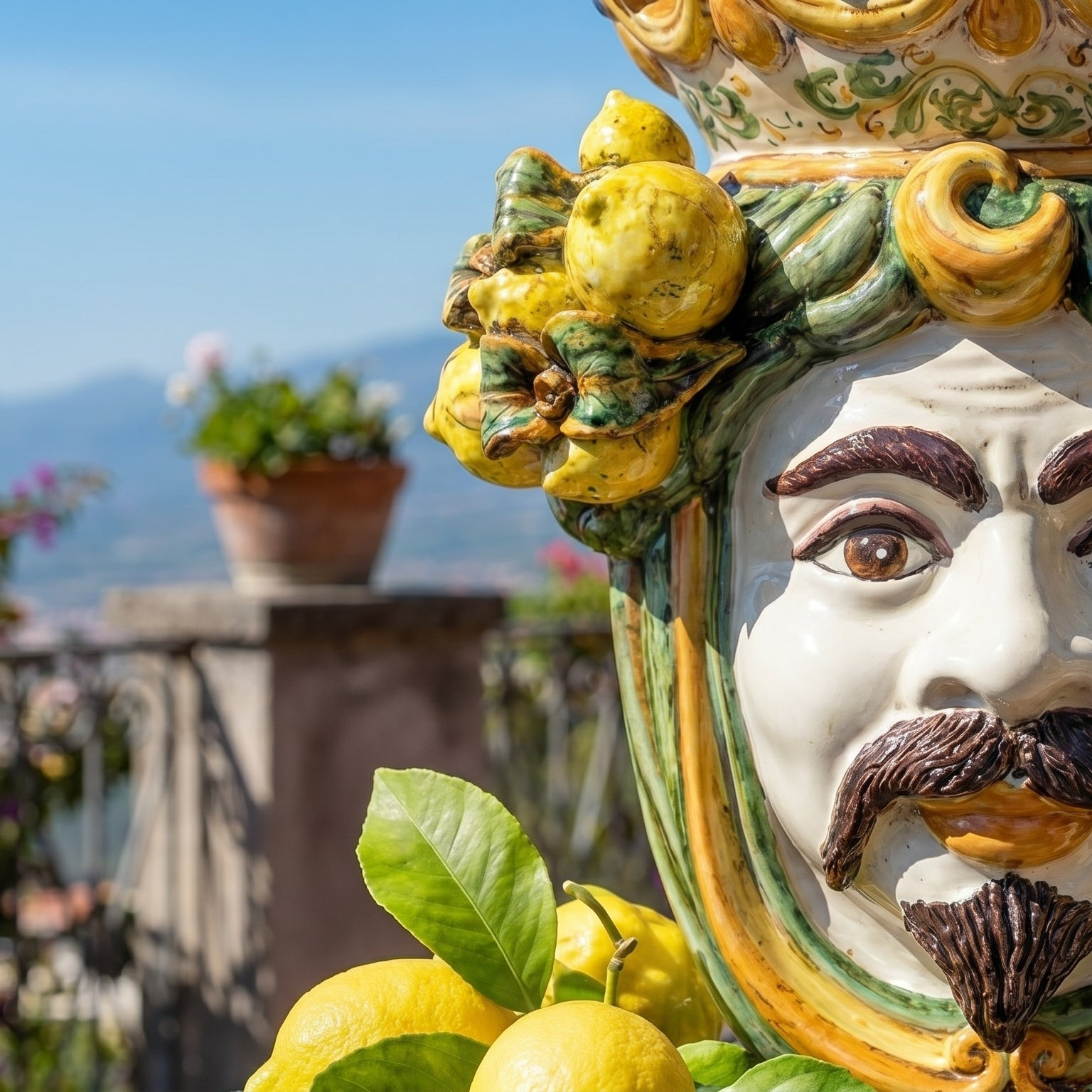 Moor's Head Vase with Lemons H 40 cm / 15.7", White Man, Green and Orange – Testa di Moro from Caltagirone, Sicily