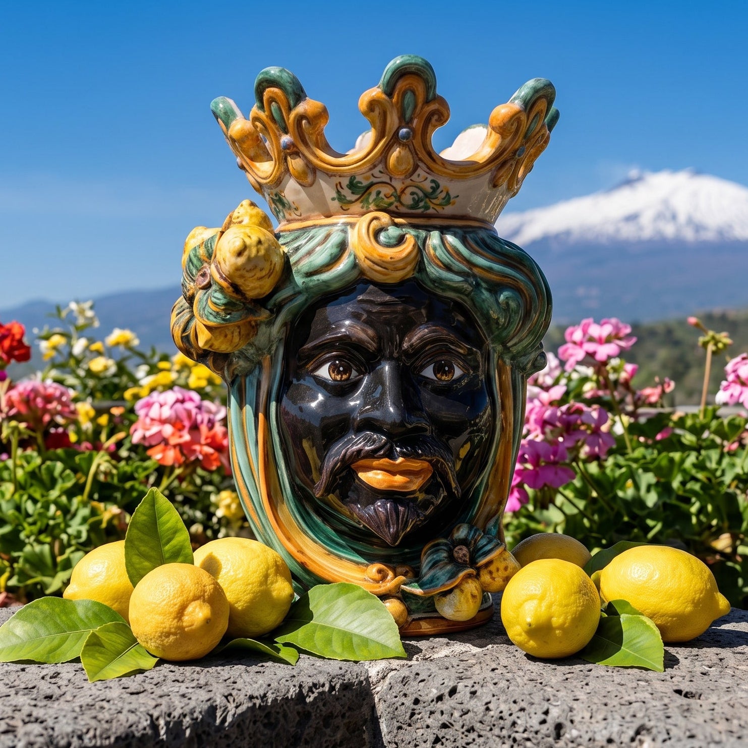 Moor's Head Vase with Lemons H 40 cm / 15.7", Moro Man, Green and Orange – Testa di Moro from Caltagirone, Sicily