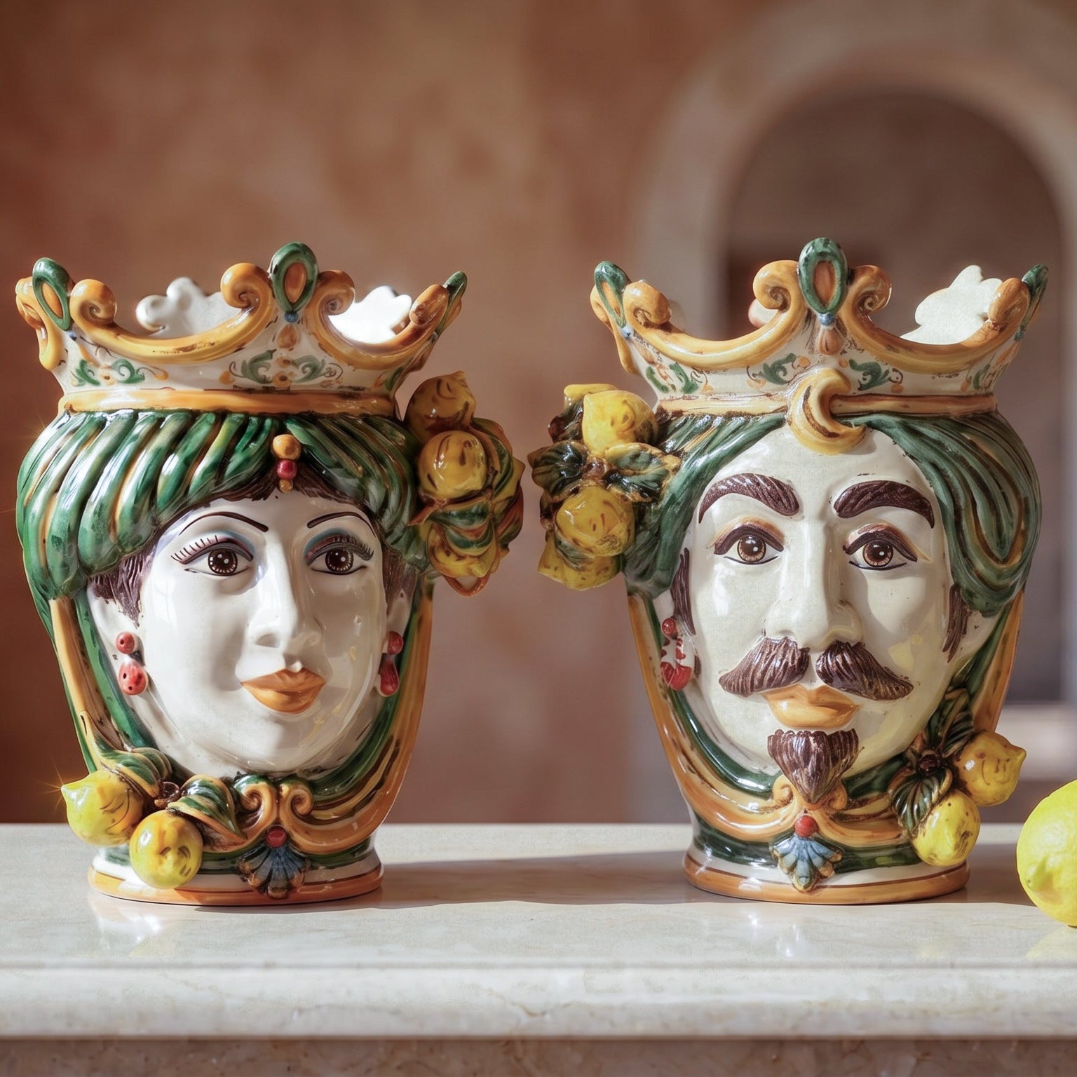 Sicilian Head Vase with Lemons H 25 cm / 9.8", Woman, Green and Orange – Testa di Moro from Caltagirone, Sicily
