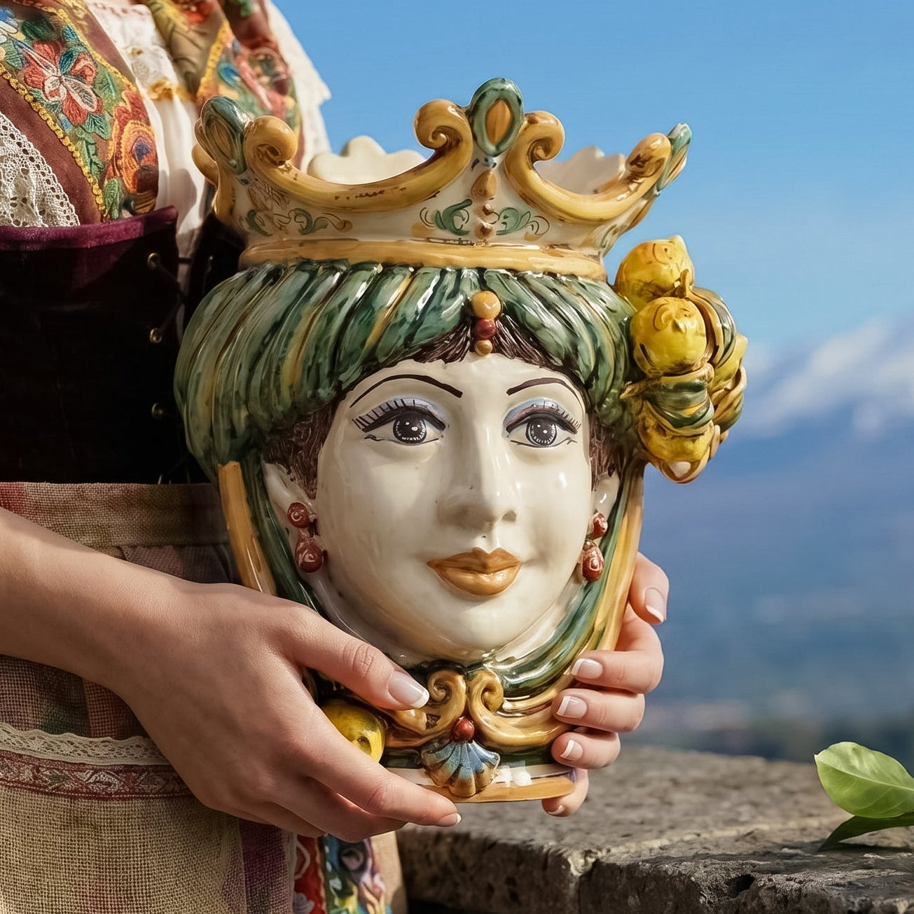 Sicilian Head Vase with Lemons H 25 cm / 9.8", Woman, Green and Orange – Testa di Moro from Caltagirone, Sicily