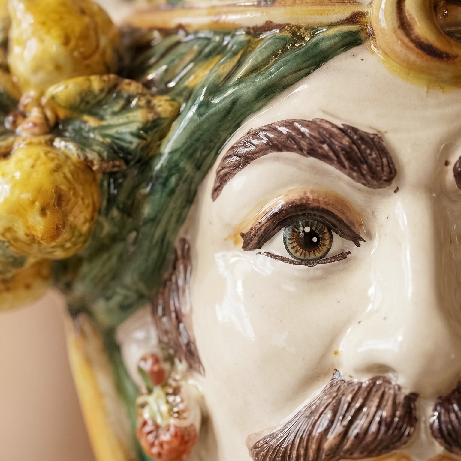 Sicilian Moor's Head with Lemons H 25 cm / 9.8", White Man, Green and Orange – Testa di Moro from Caltagirone, Sicily