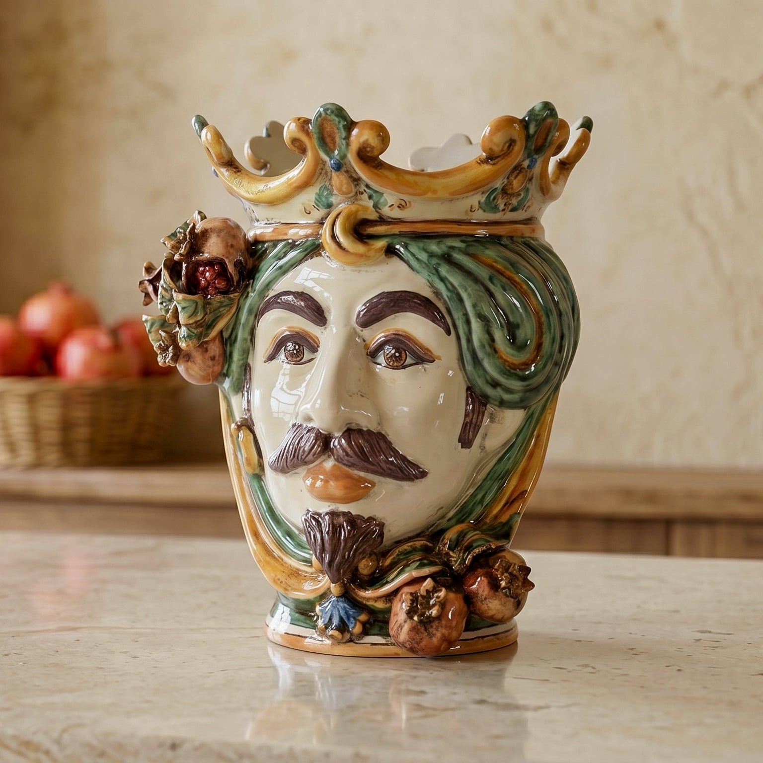 Sicilian Head Vase with Pomegranates H 25 cm / 9.8", White Man, Green and Orange – Testa di Moro from Caltagirone, Sicily