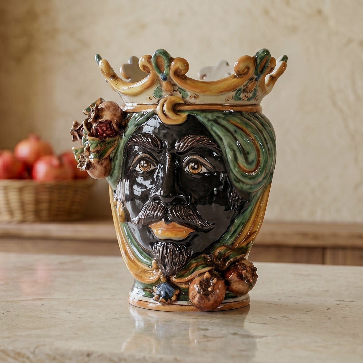 Sicilian Moor's Head with Pomegranates H 25 cm / 9.8", Moro Man, Green and Orange – Testa di Moro from Caltagirone, Sicily
