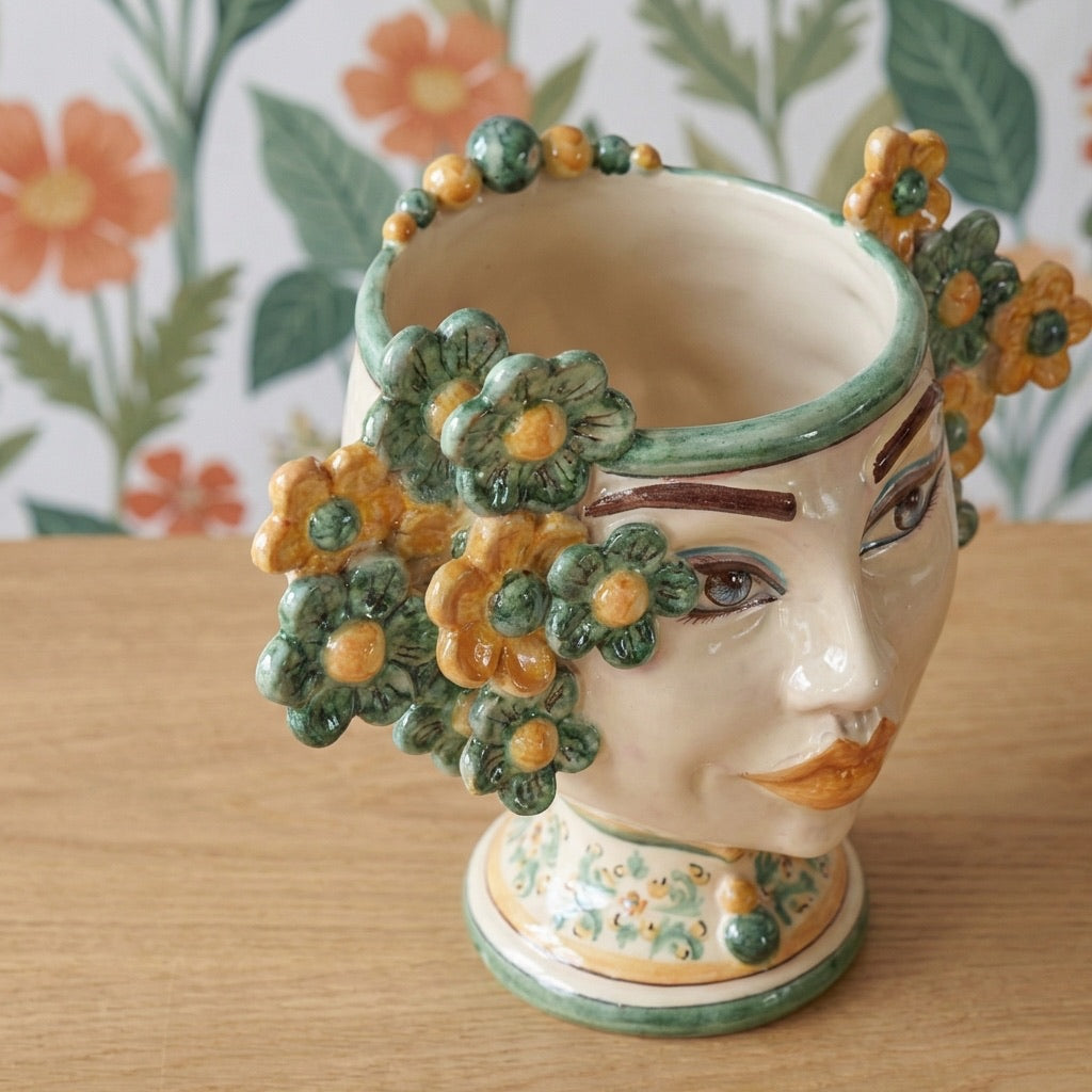 Moor's Head Vase with Flowers H 20 cm / 7.9", Green and Orange – Testa di Moro from Caltagirone, Sicily