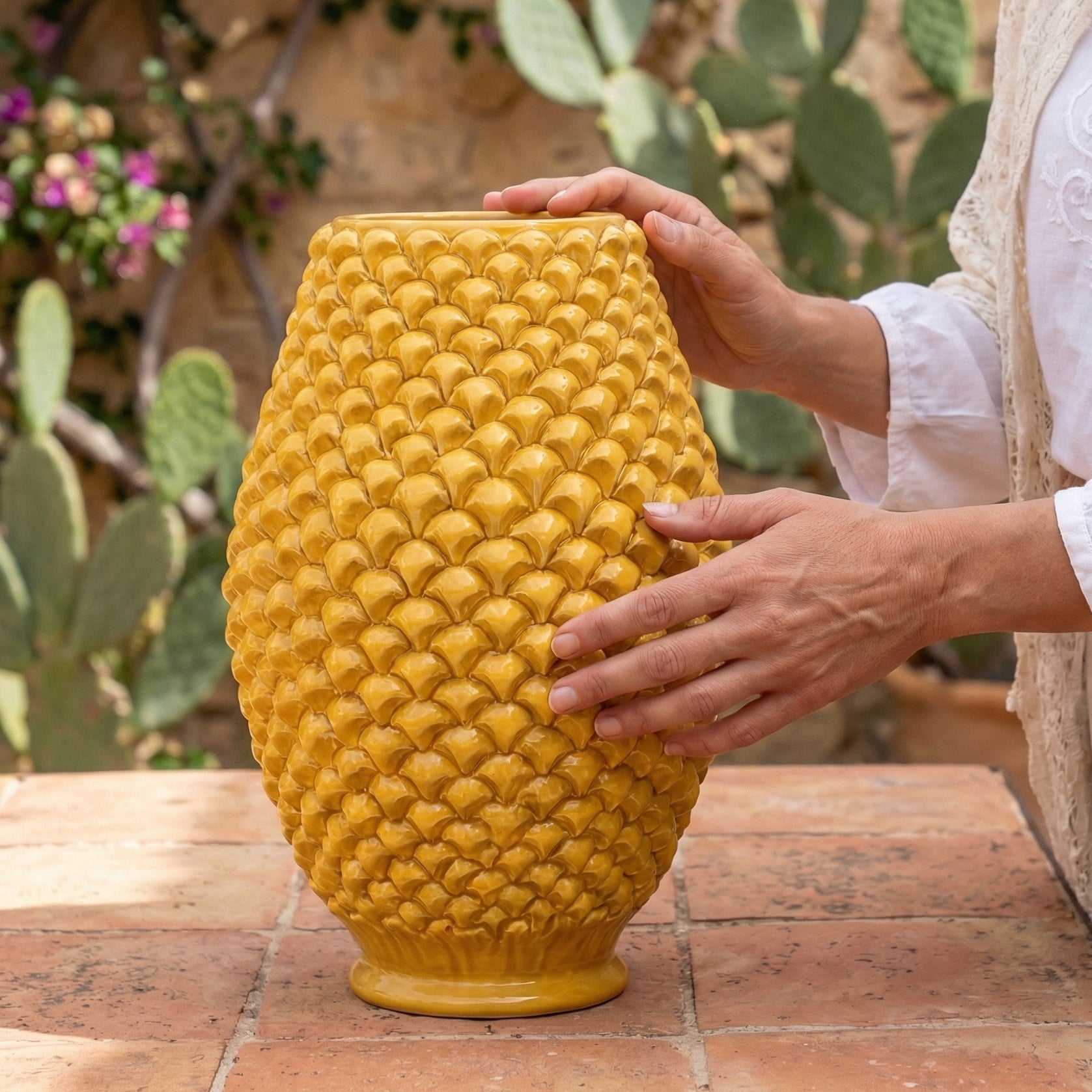 Sicilian Pine Cone Vase, Mustard – Italian ceramic from Caltagirone, Sicily