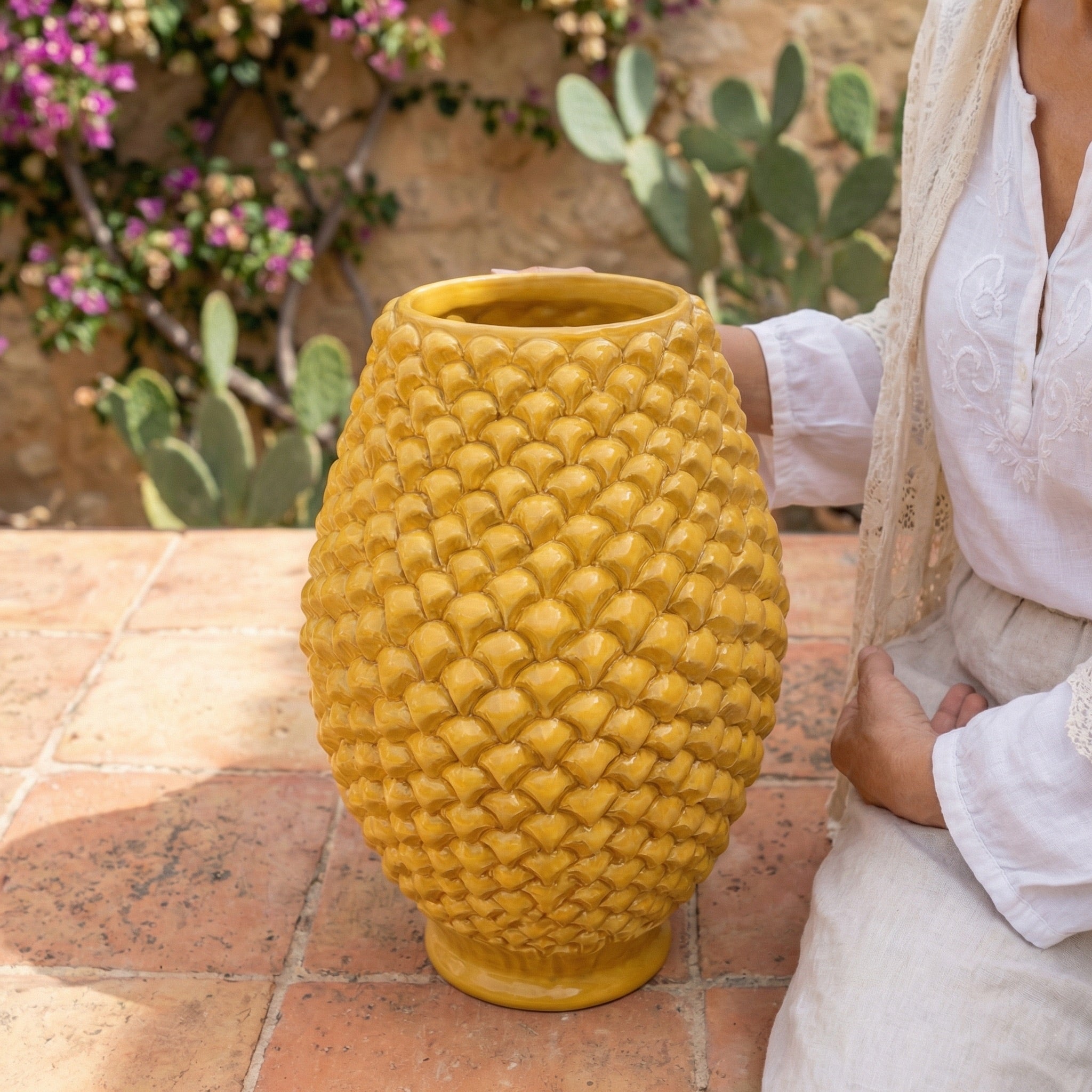 Sicilian Pine Cone Vase, Mustard – Italian ceramic from Caltagirone, Sicily