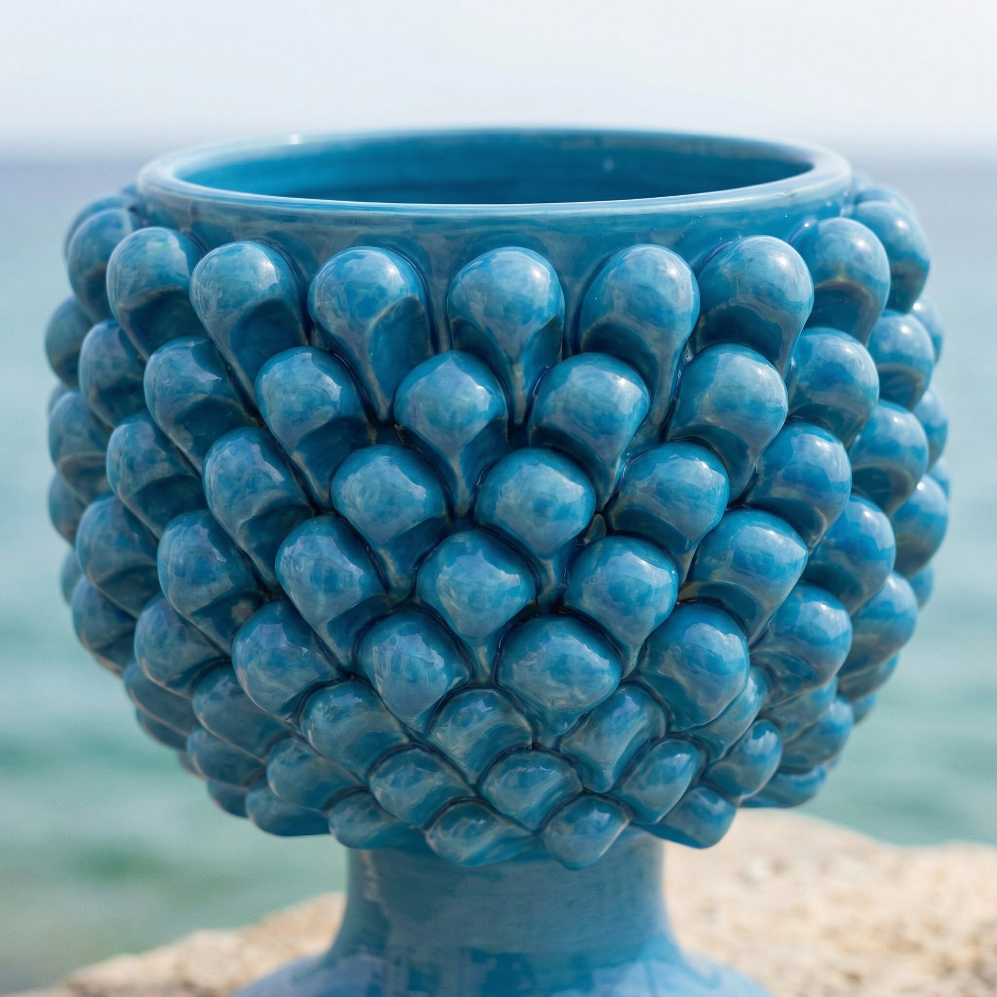 Half Pine Cone Vase, Turquoise – Caltagirone Ceramic – Sicilian artisan tradition