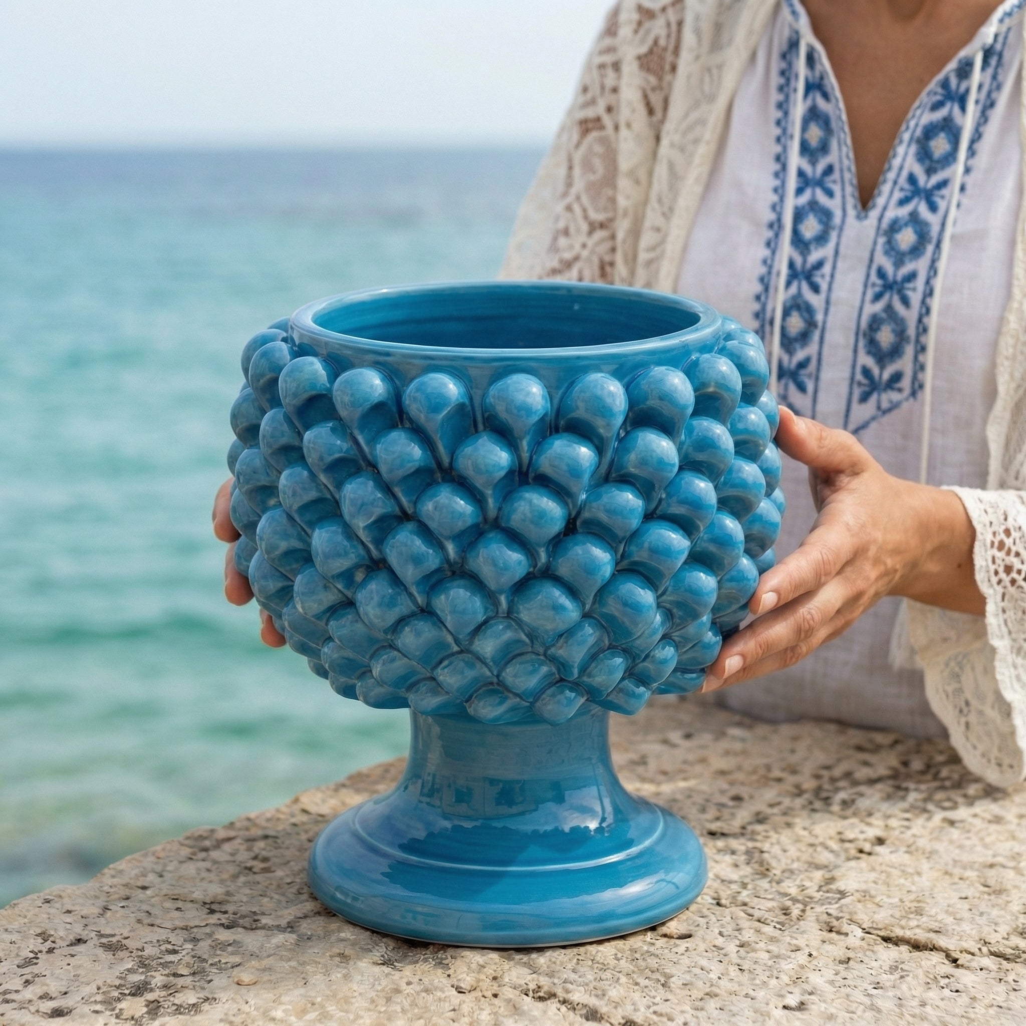 Half Pine Cone Vase, Turquoise – Caltagirone Ceramic – Sicilian artisan tradition