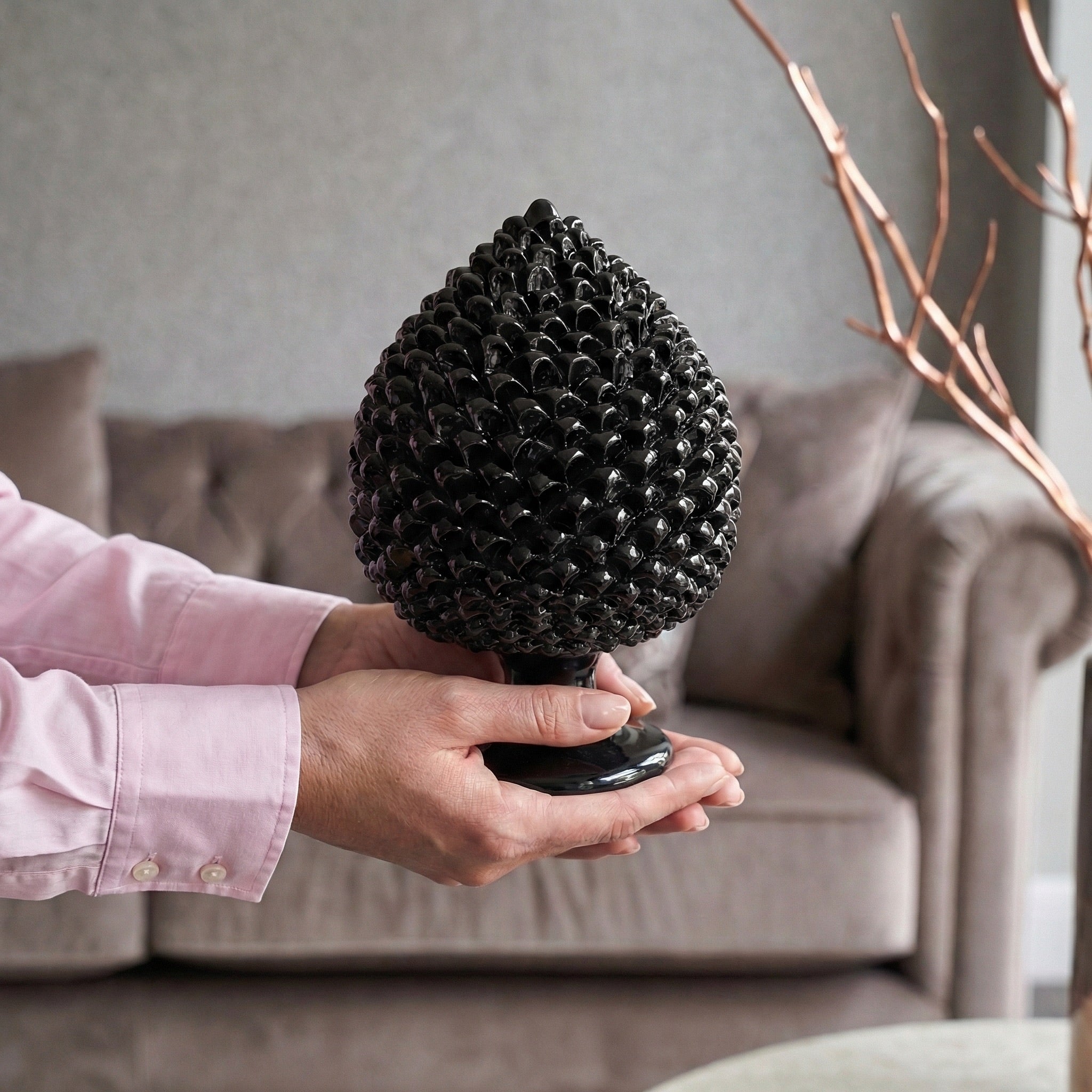 Sicilian Pine Cone H 15/40 cm / 6-16", Black Line – Italian pine cone ceramic from Caltagirone, Sicily