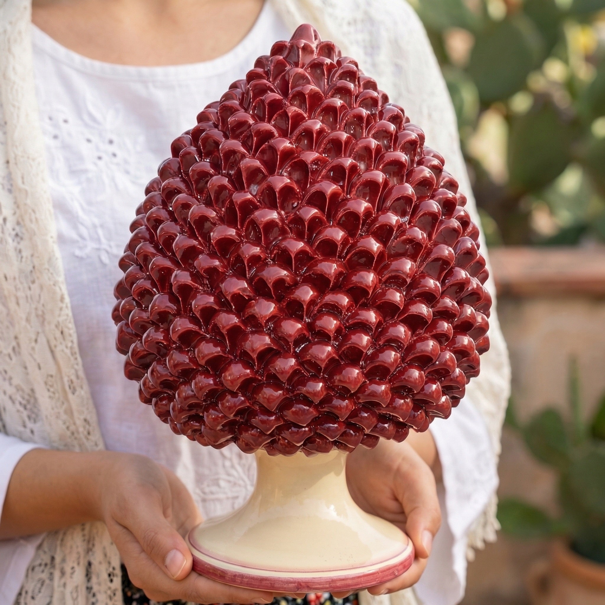 Sicilian Pine Cone H 15/40 cm / 6-16", Mono Bordeaux – Caltagirone Ceramic – Sicilian Pine Cone Tradition
