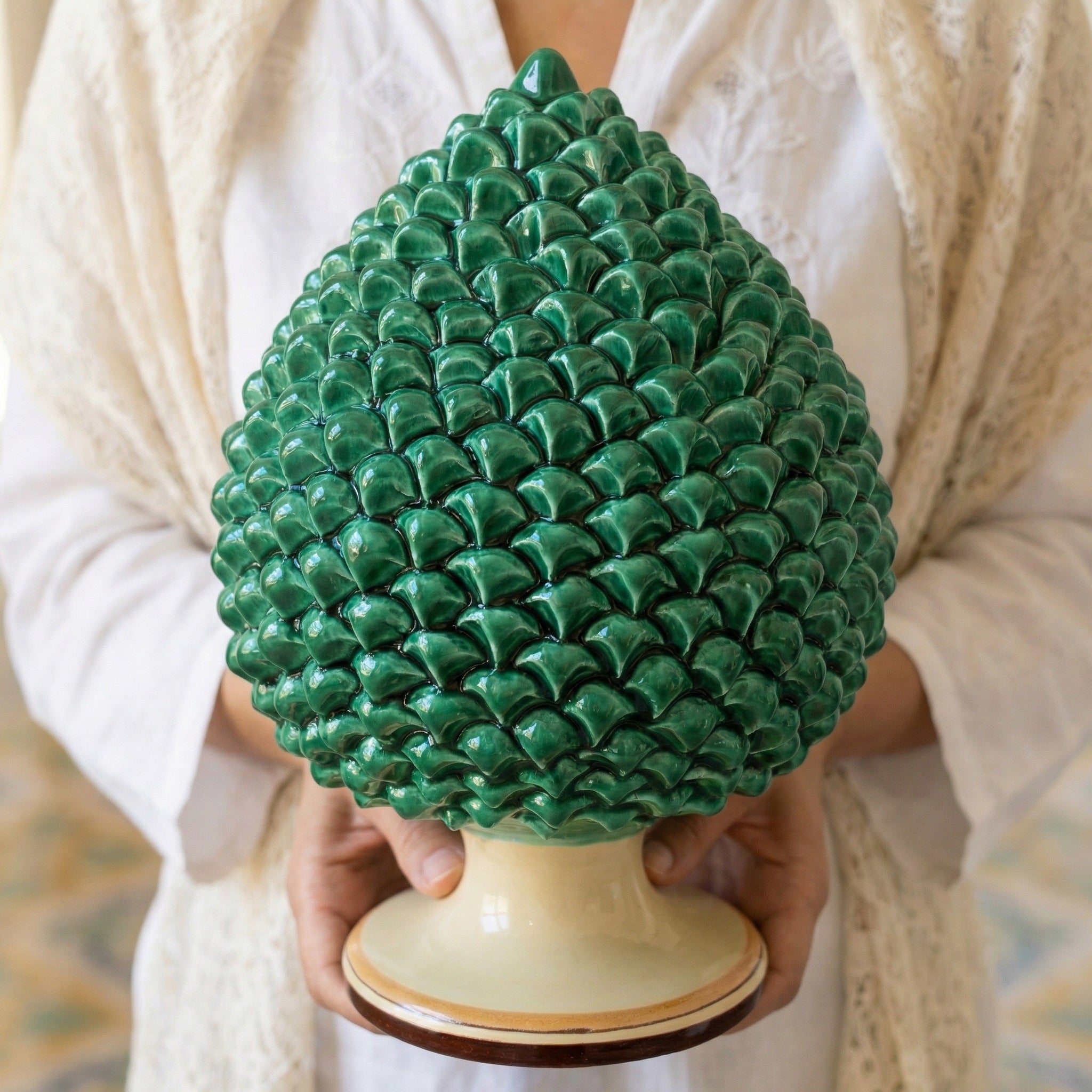 Sicilian Pine Cone H 15/40 cm / 6-16", Green and Orange – Caltagirone Ceramic – Sicilian Pine Cone Tradition