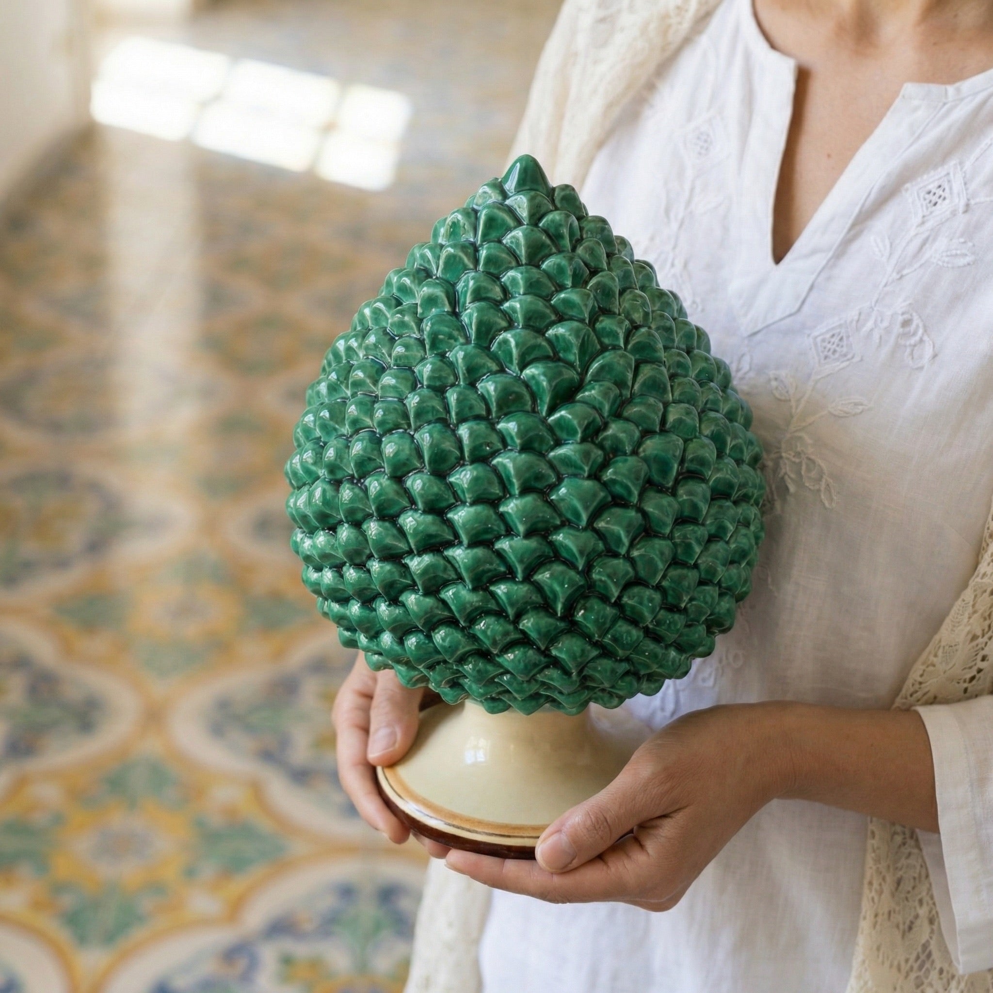 Sicilian Pine Cone H 15/40 cm / 6-16", Green and Orange – Caltagirone Ceramic – Sicilian Pine Cone Tradition