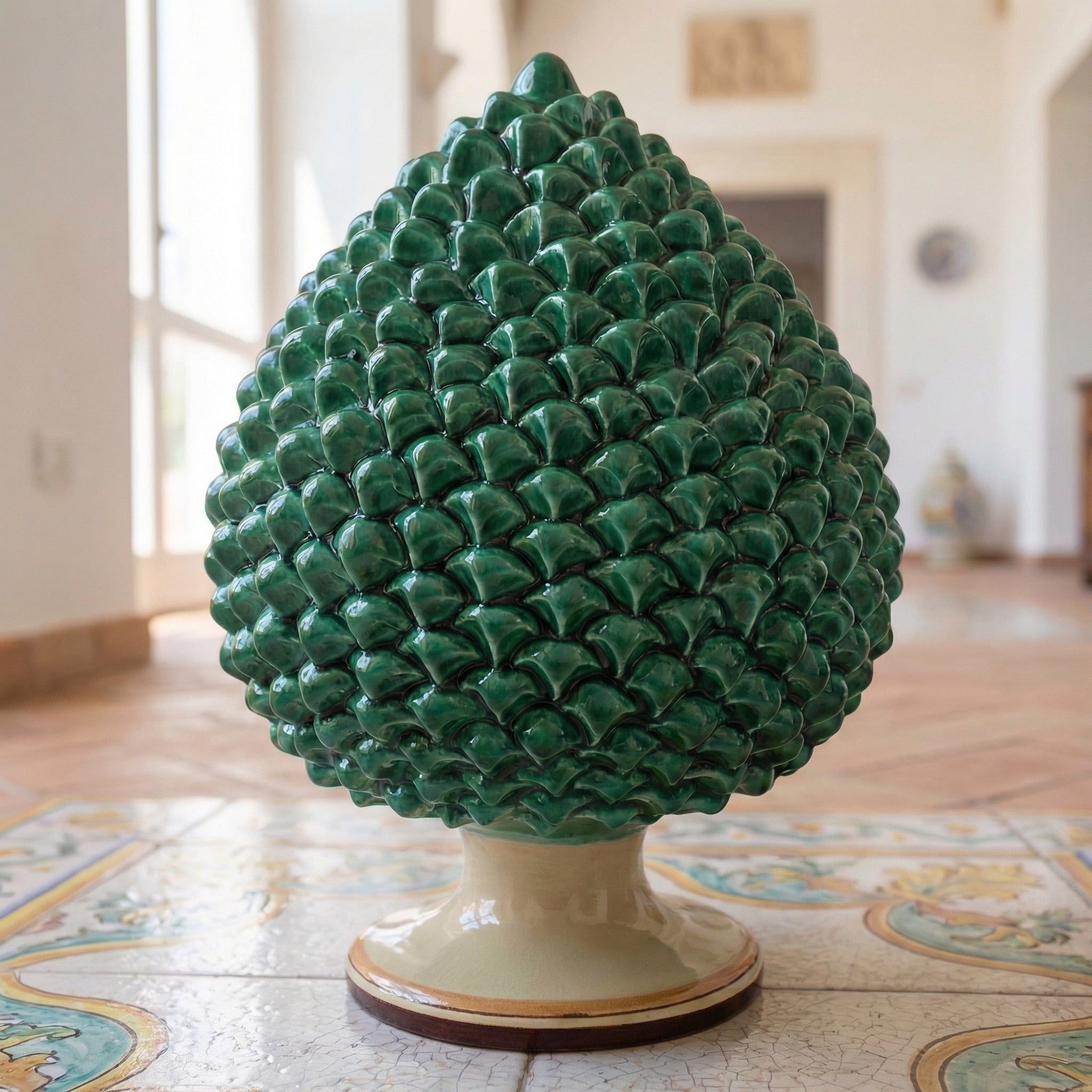 Sicilian Pine Cone H 15/40 cm / 6-16", Green and Orange – Caltagirone Ceramic – Sicilian Pine Cone Tradition