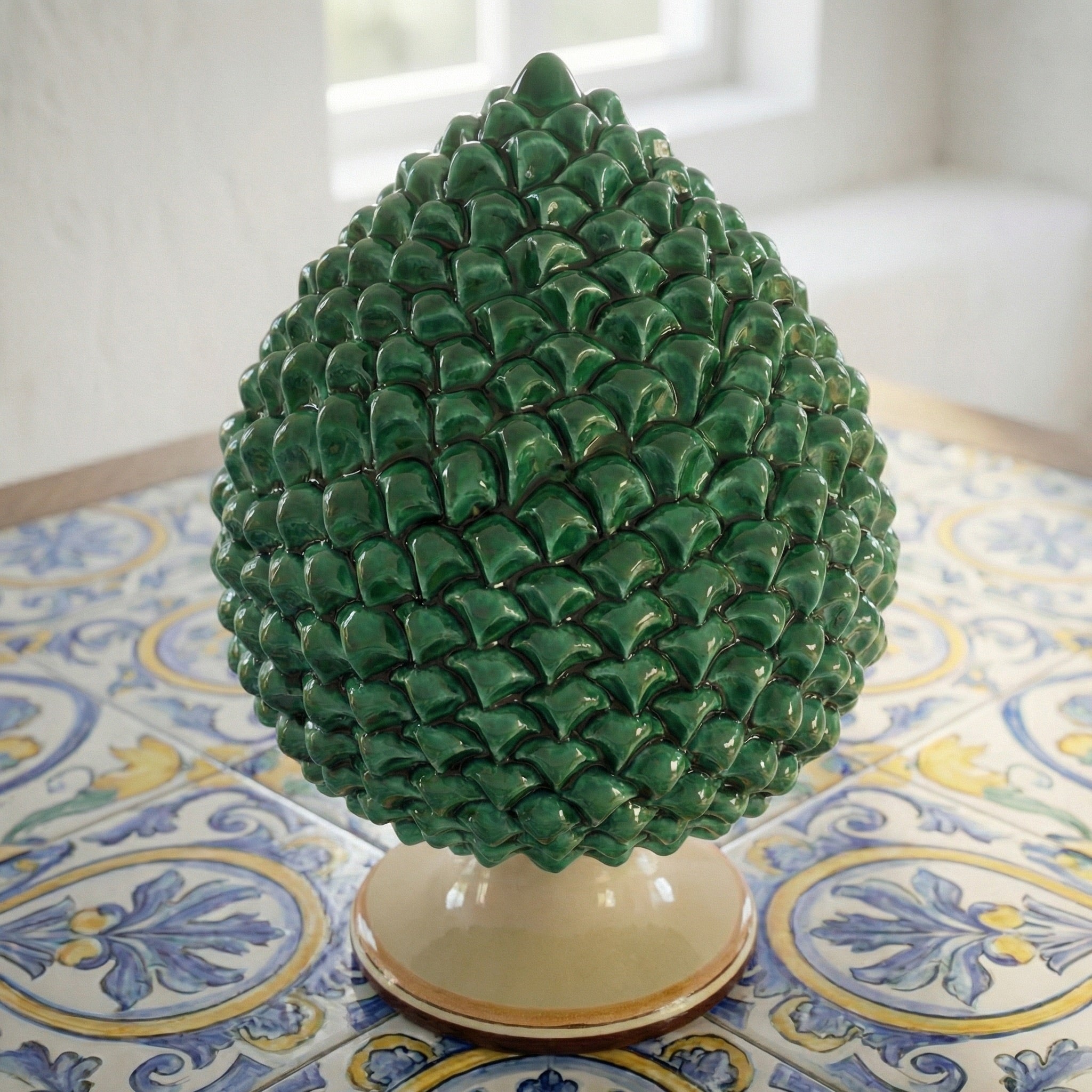 Sicilian Pine Cone H 15/40 cm / 6-16", Green and Orange – Caltagirone Ceramic – Sicilian Pine Cone Tradition