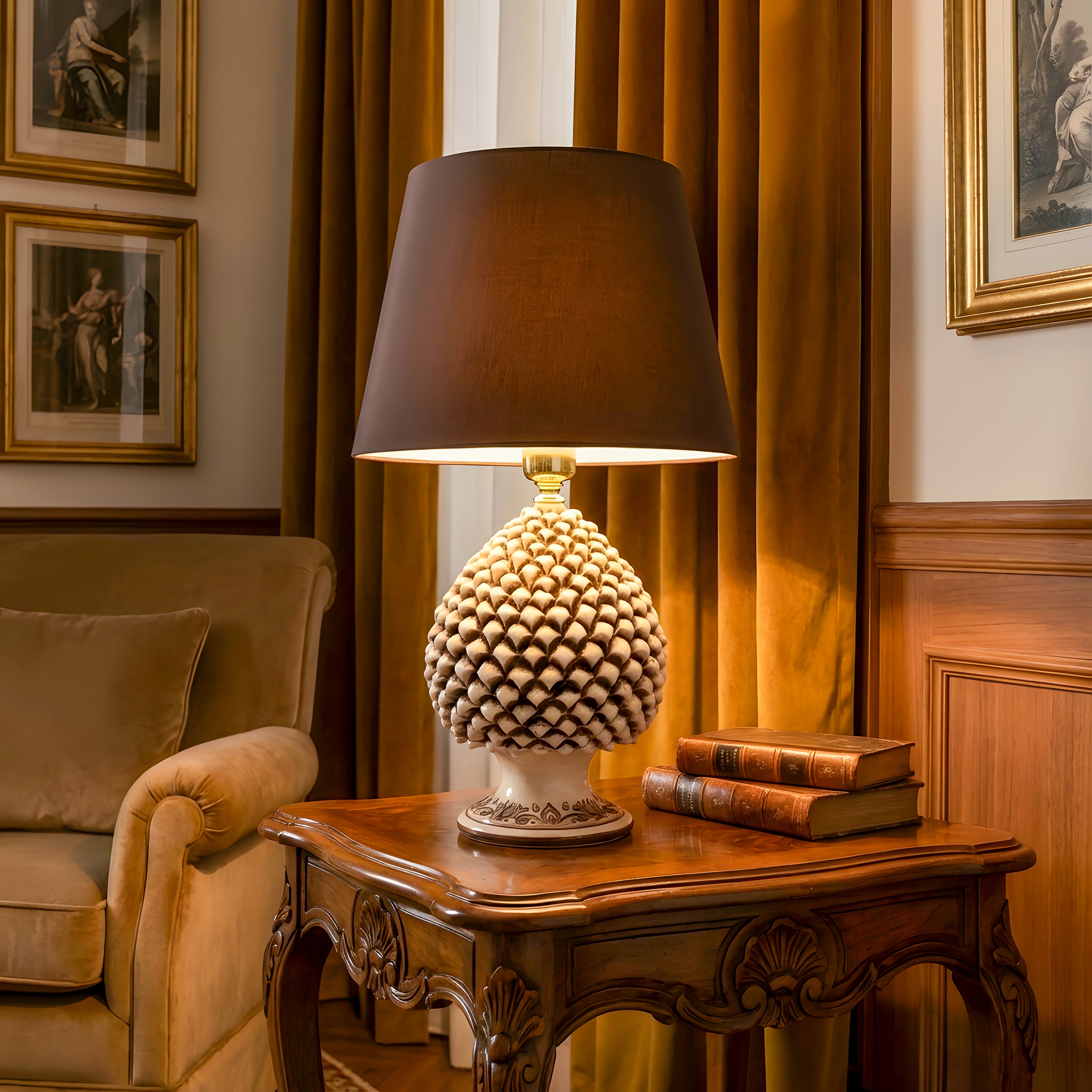 Sicilian Pine Cone Lamp, Antique Mother of Pearl – Italian ceramic from Caltagirone, Sicily