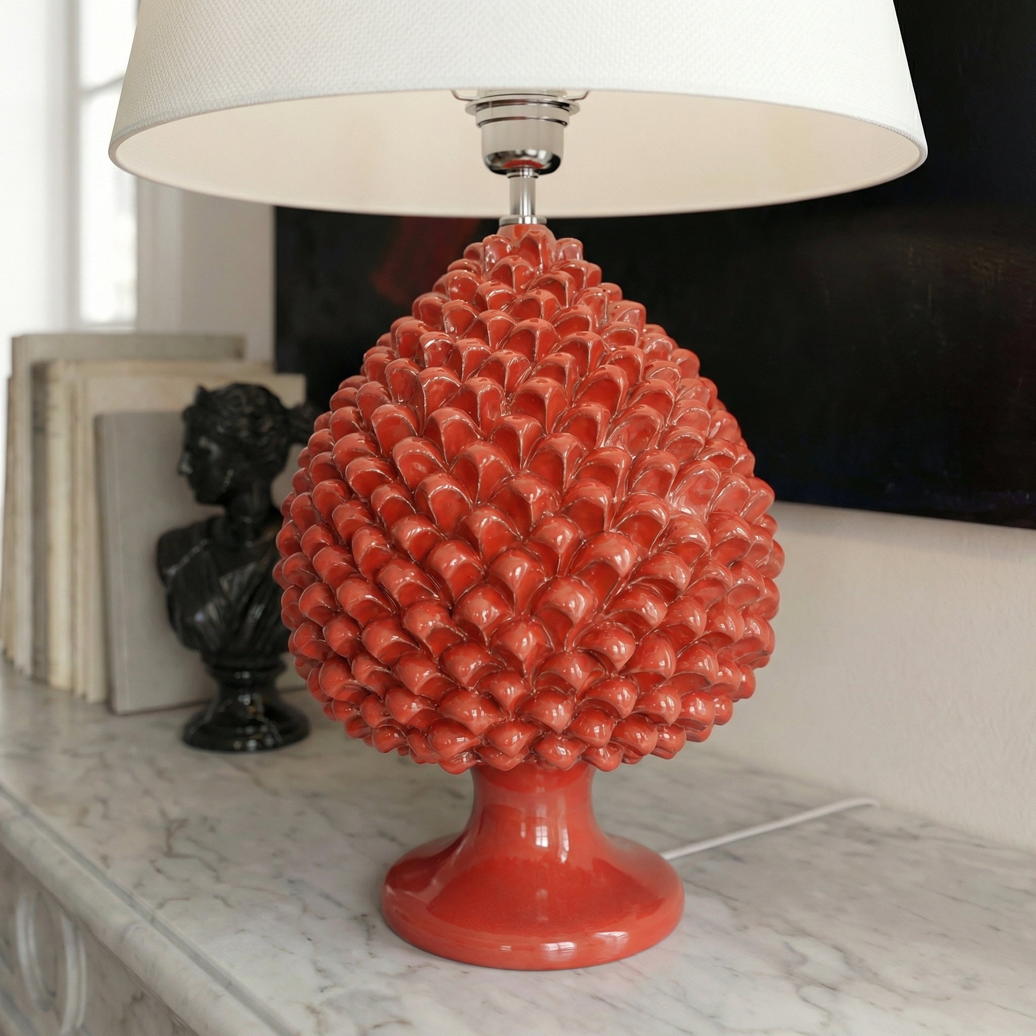 Sicilian Pine Cone Lamp, Fire Red – Caltagirone Ceramic – Italian ceramic lamp tradition