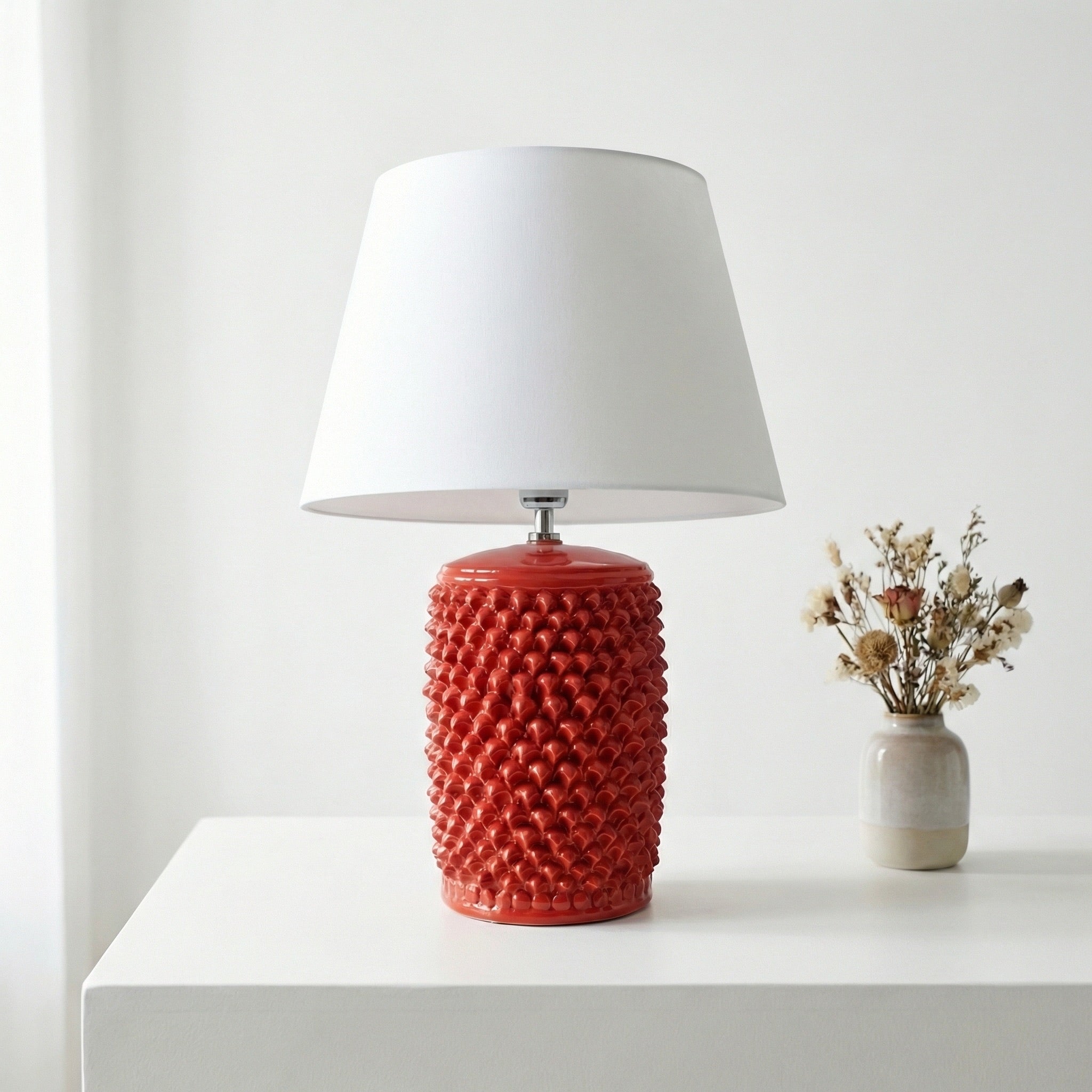 Sicilian Pine Cone Lamp H 60 cm / 23.6", Fire Red – Sicilian ceramic lamp handcrafted in Caltagirone