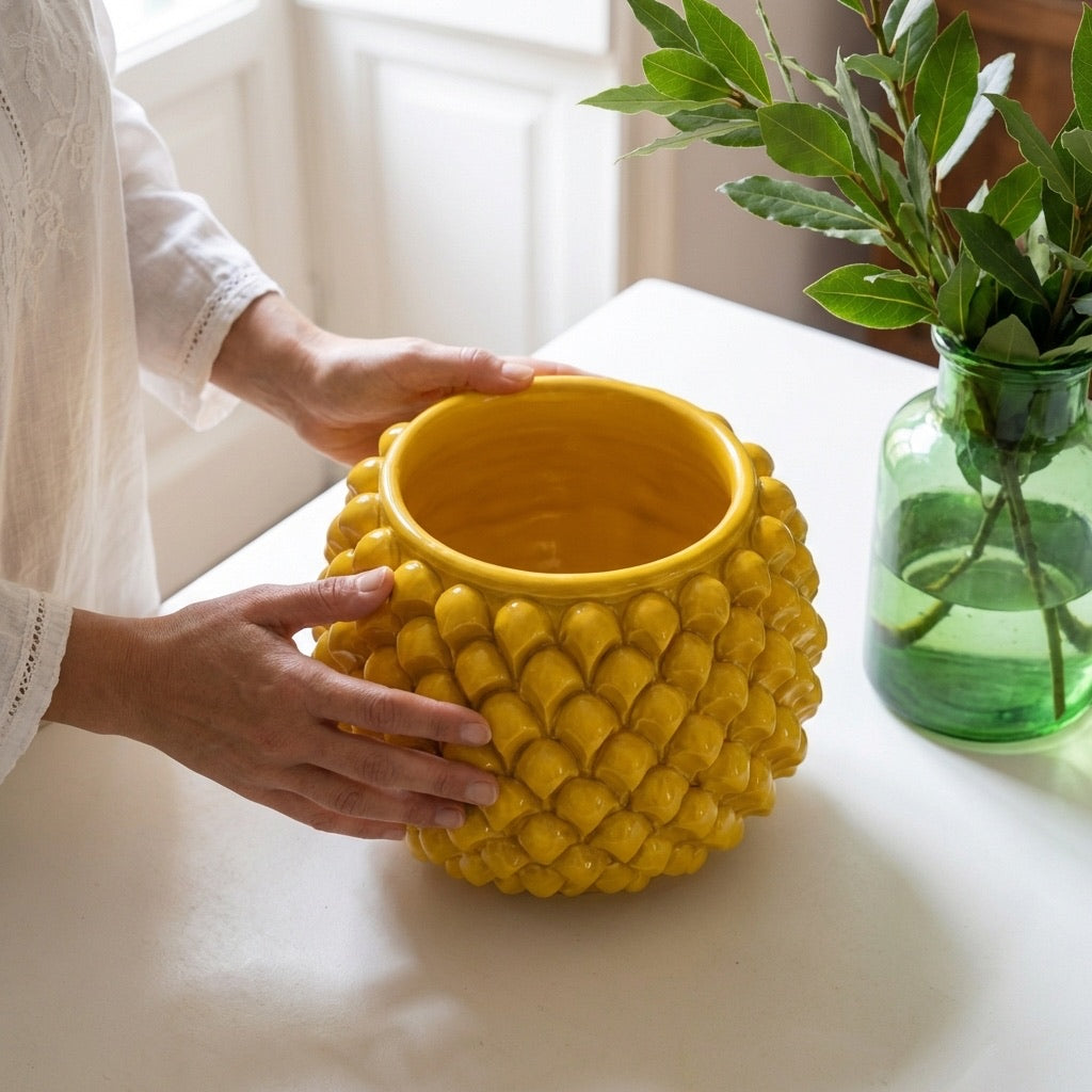 Half Pine Cone Vase, Mustard – Sicilian majolica handcrafted in Caltagirone
