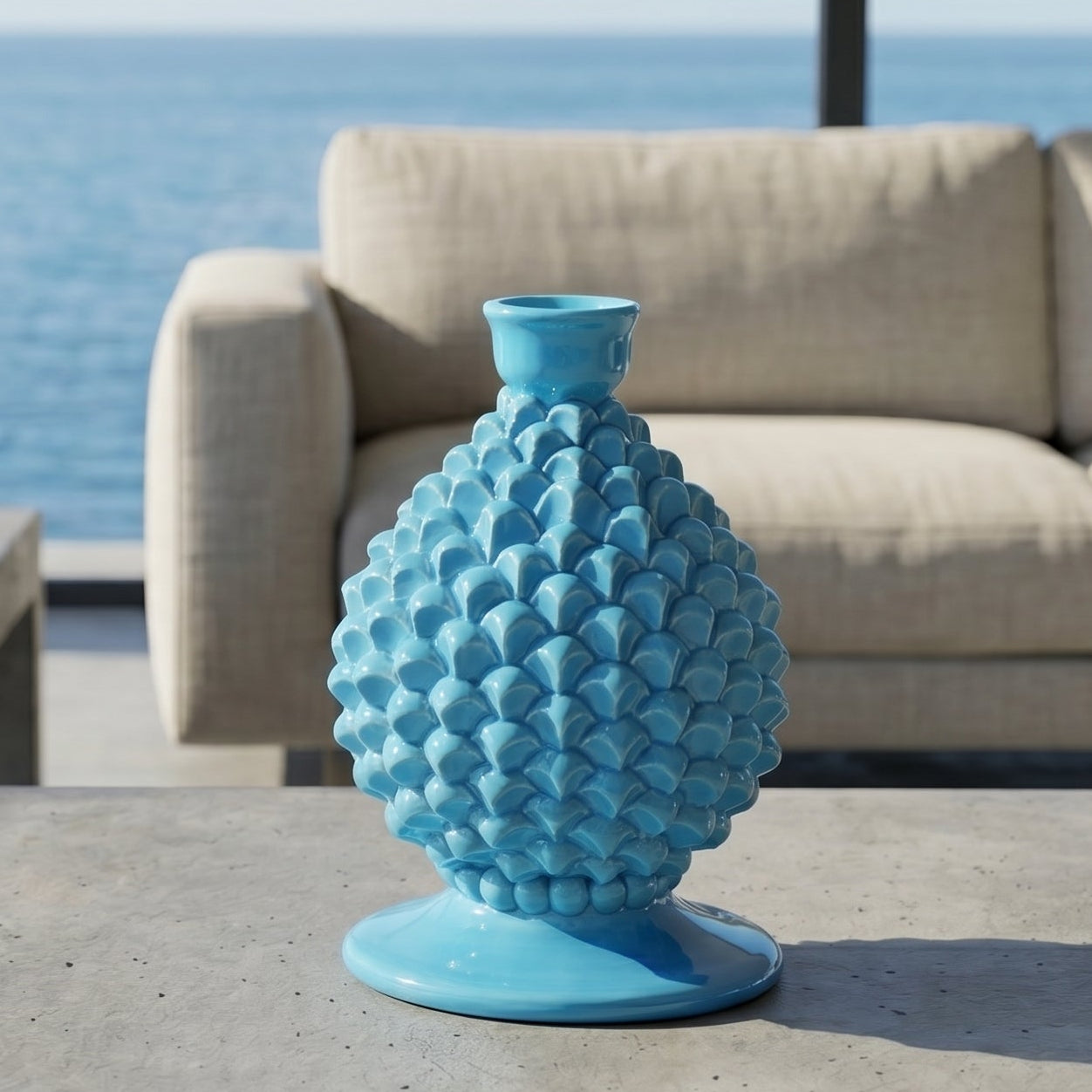 Sicilian Pine Cone Candle Holder H 18 cm / 7.1", Turquoise – Sicilian tradition from Caltagirone