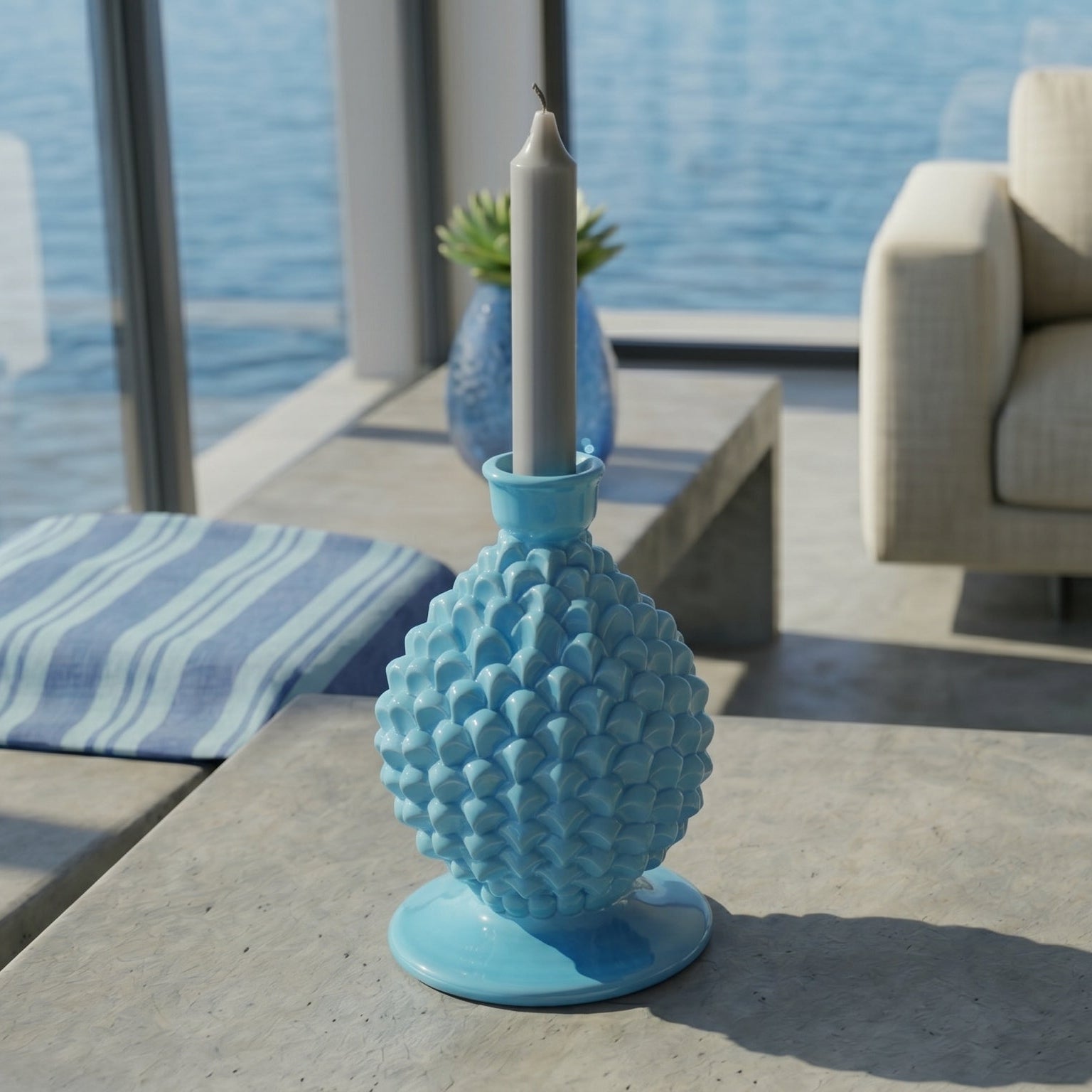 Sicilian Pine Cone Candle Holder H 18 cm / 7.1", Turquoise – Sicilian tradition from Caltagirone