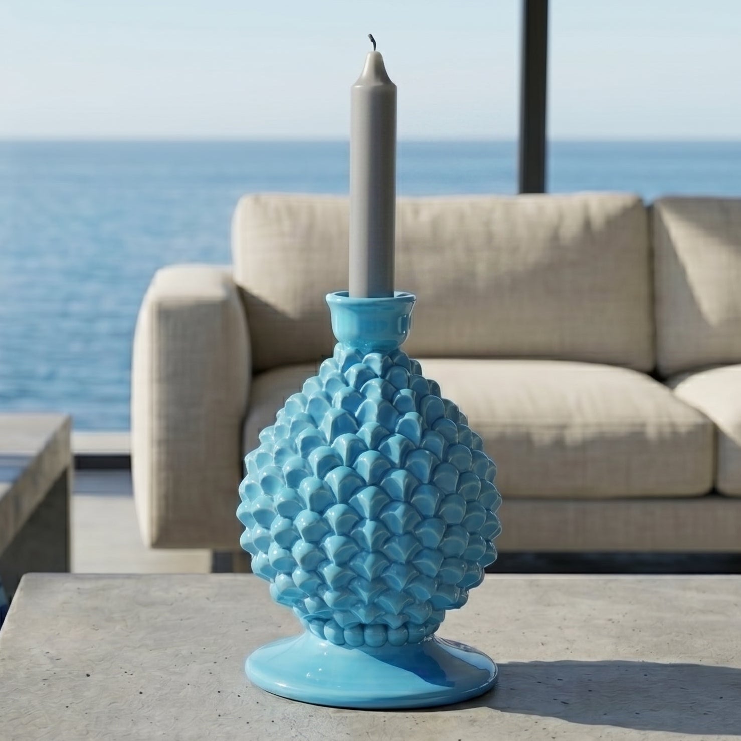 Sicilian Pine Cone Candle Holder H 18 cm / 7.1", Turquoise – Sicilian tradition from Caltagirone