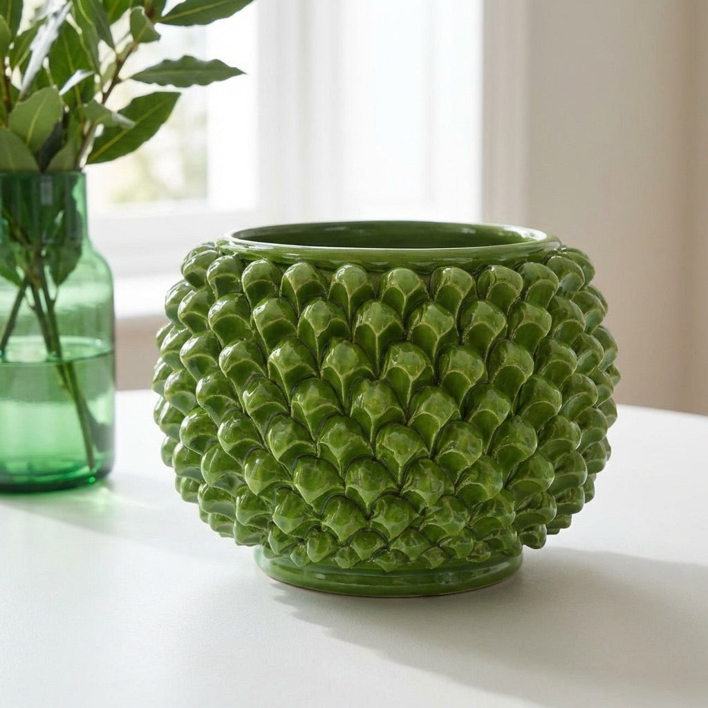Half Pine Cone Vase, Leaf Green – Caltagirone Ceramic – Sicilian artisan tradition