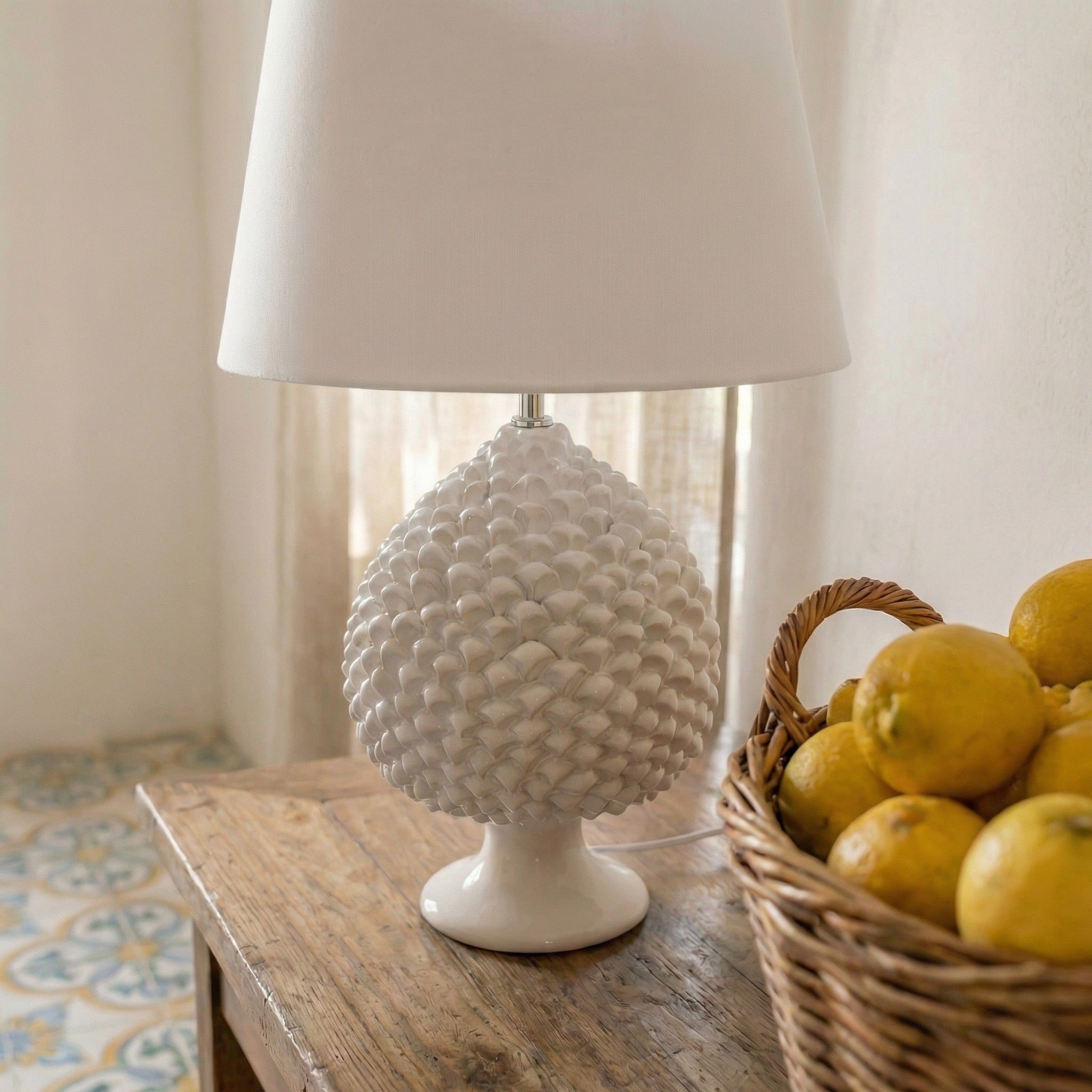 Sicilian Pine Cone Lamp, White Line – Italian ceramic from Caltagirone, Sicily