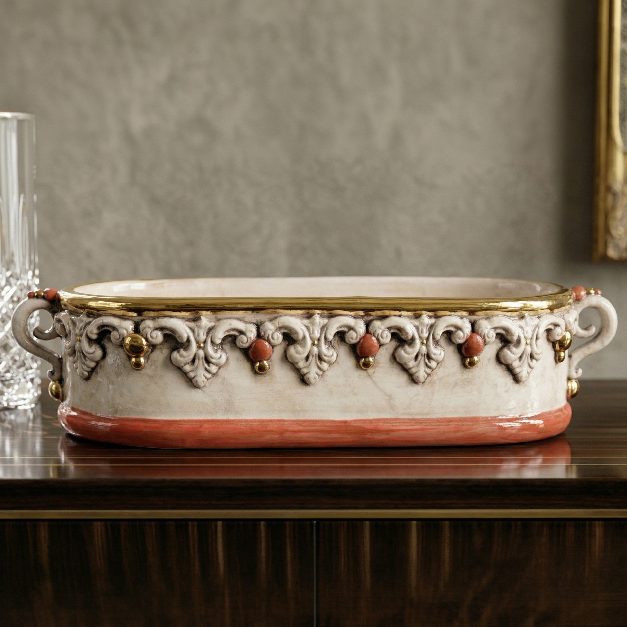 Sicilian Decorative Ceramic Box 35×8 cm / 14×3", Plastico Sofia, Antique Mother of Pearl – Sicilian majolica handcrafted in Caltagirone