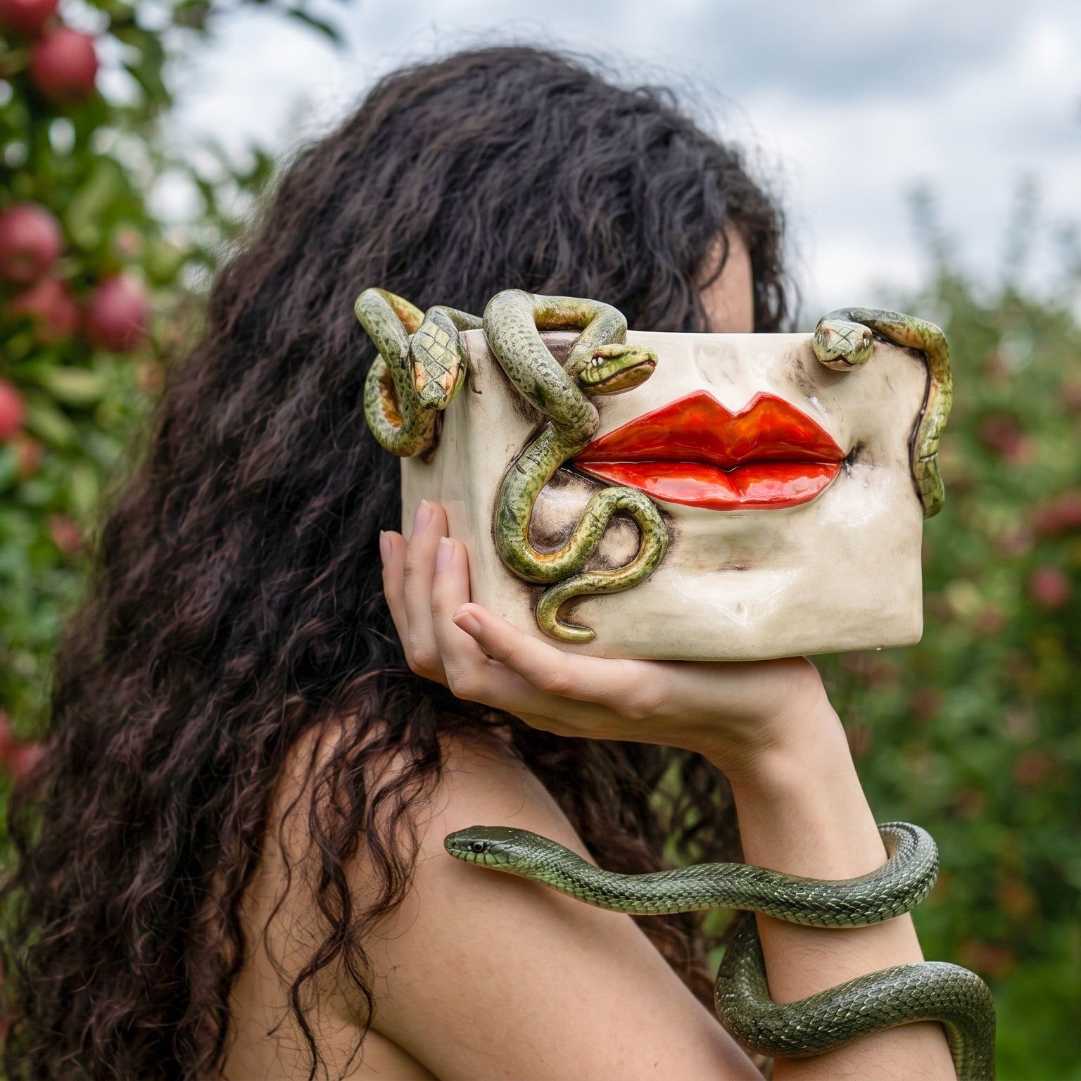 Caltagirone Ceramic Medusa Box — Gold and Lustre Lips, Applied Snakes, Antique Mother of Pearl