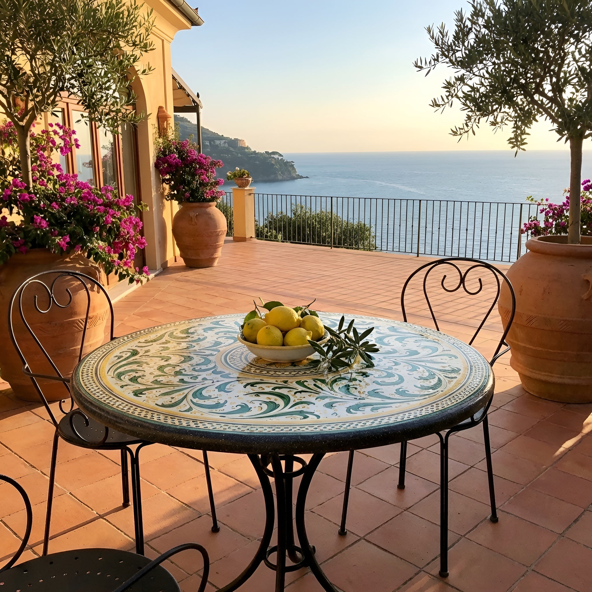 Sicilian Lava Stone Table, Green and Orange – Caltagirone Ceramic – Sicilian artisan tradition