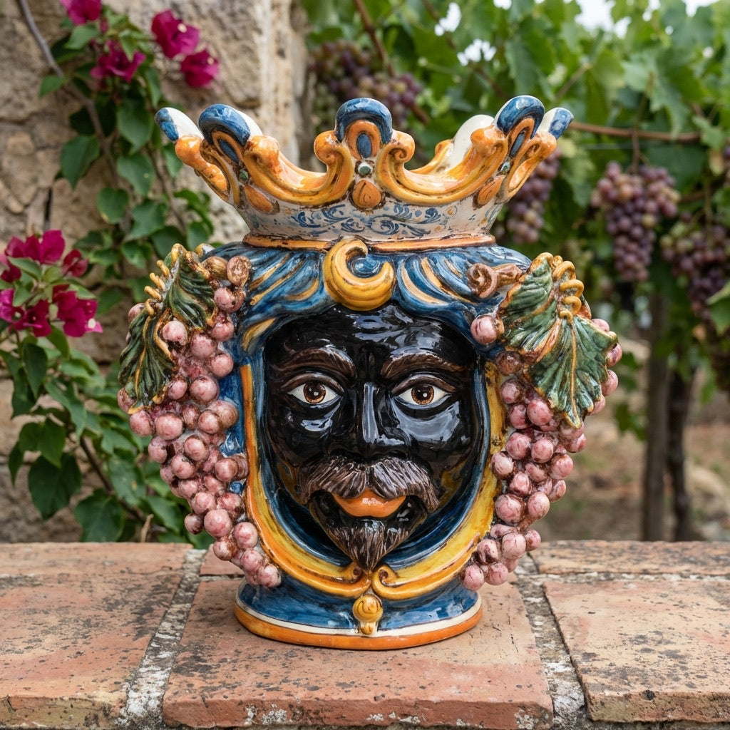 Sicilian Moor's Head with Grapes H 40 cm / 15.7", Moro Man, Blue and Orange – Testa di Moro from Caltagirone, Sicily
