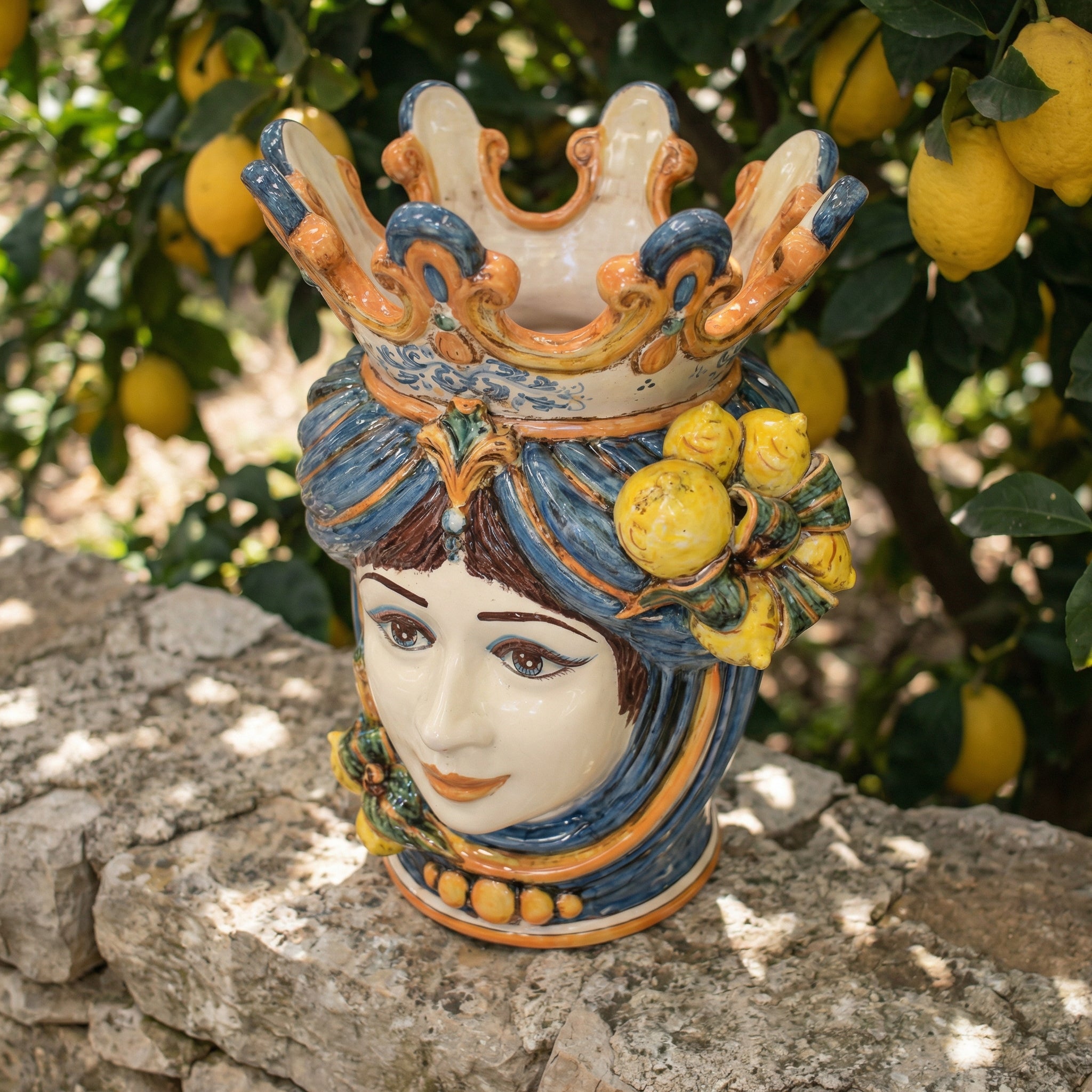 Sicilian Moor's Head with Lemons H 40 cm / 15.7", Woman, Blue and Orange – Testa di Moro from Caltagirone, Sicily