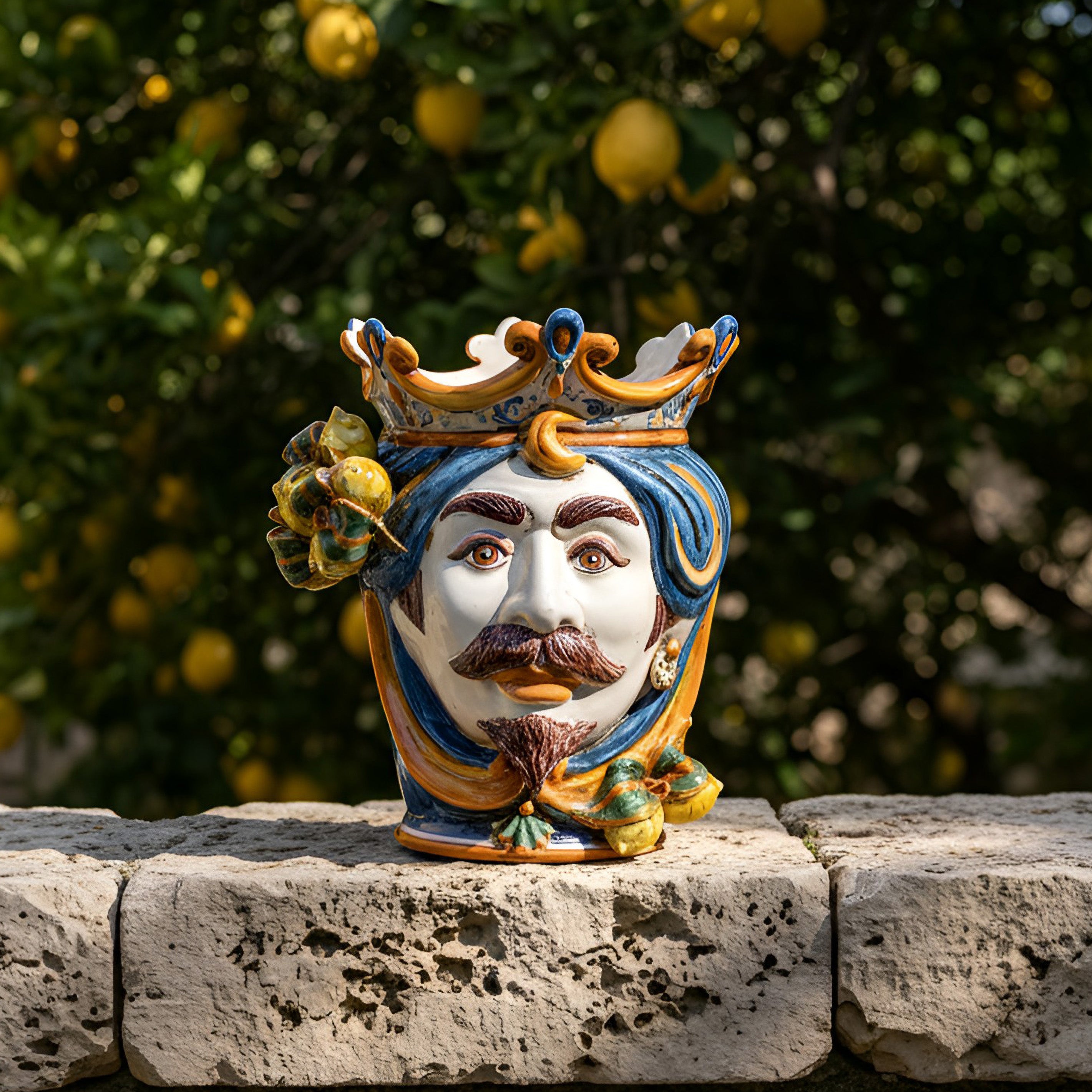 Sicilian Head Vase with Lemons H 25 cm / 9.8", White Man, Blue and Orange – Testa di Moro from Caltagirone, Sicily