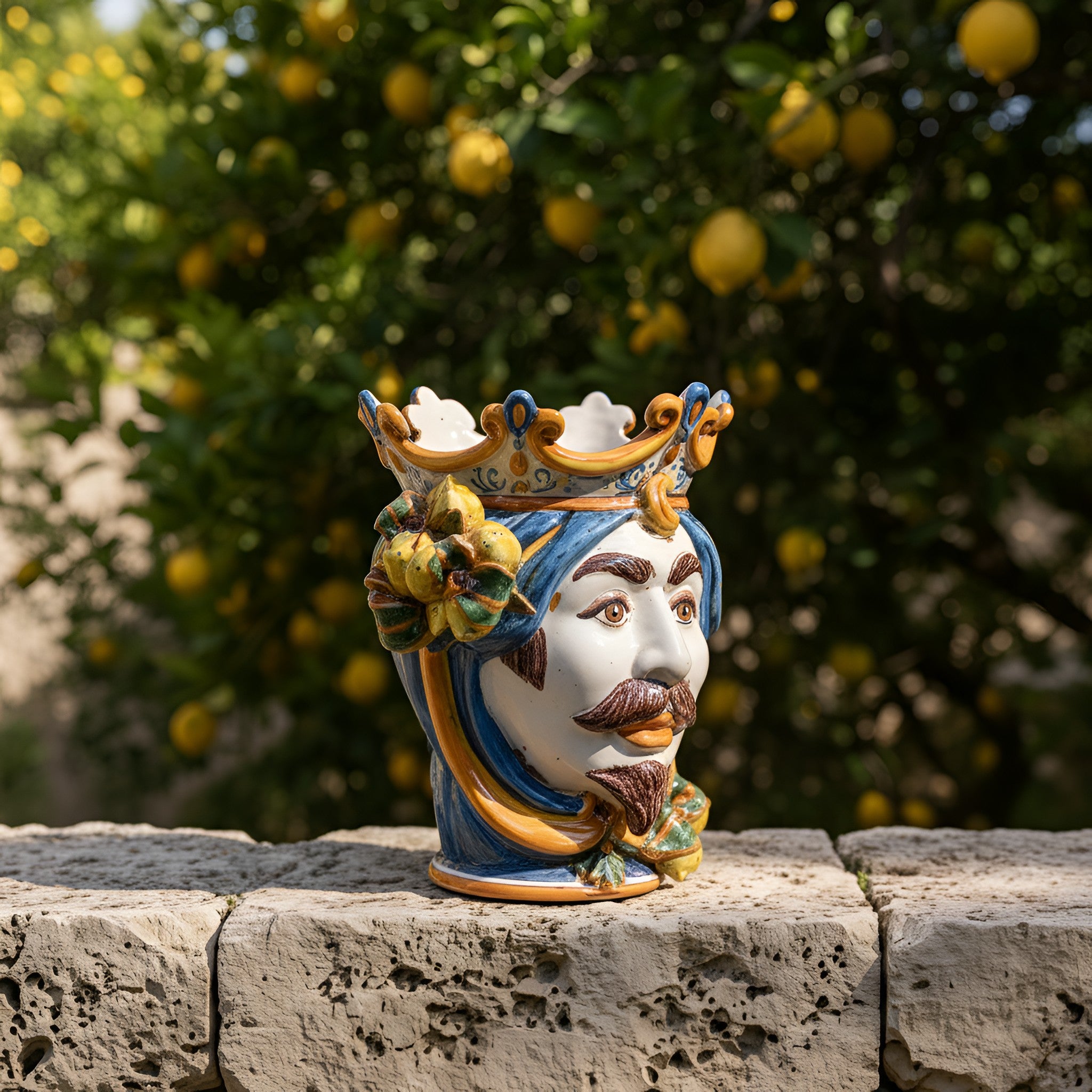 Sicilian Head Vase with Lemons H 25 cm / 9.8", White Man, Blue and Orange – Testa di Moro from Caltagirone, Sicily