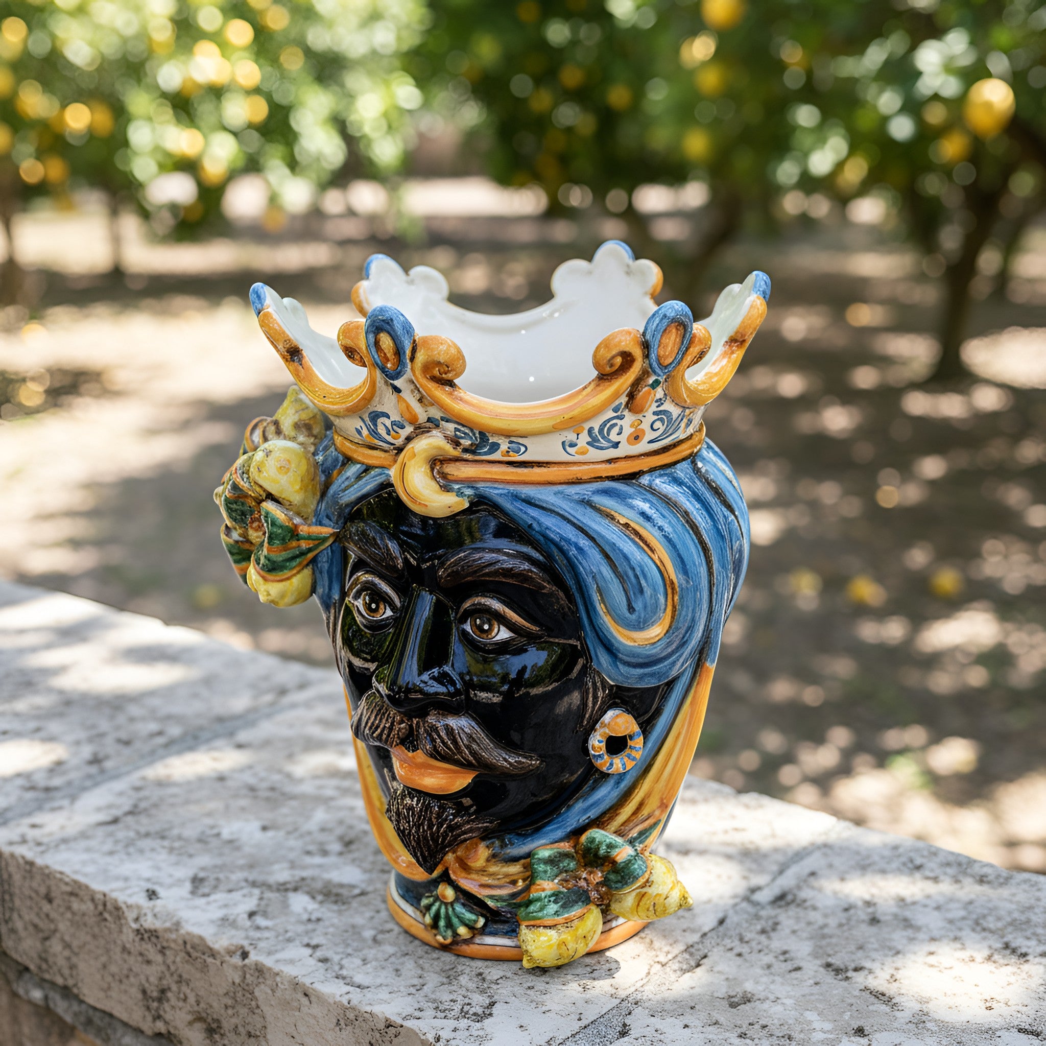 Testa di Moro Vase with Lemons H 25 cm / 9.8", Moro Man, Blue and Orange – Testa di Moro from Caltagirone, Sicily