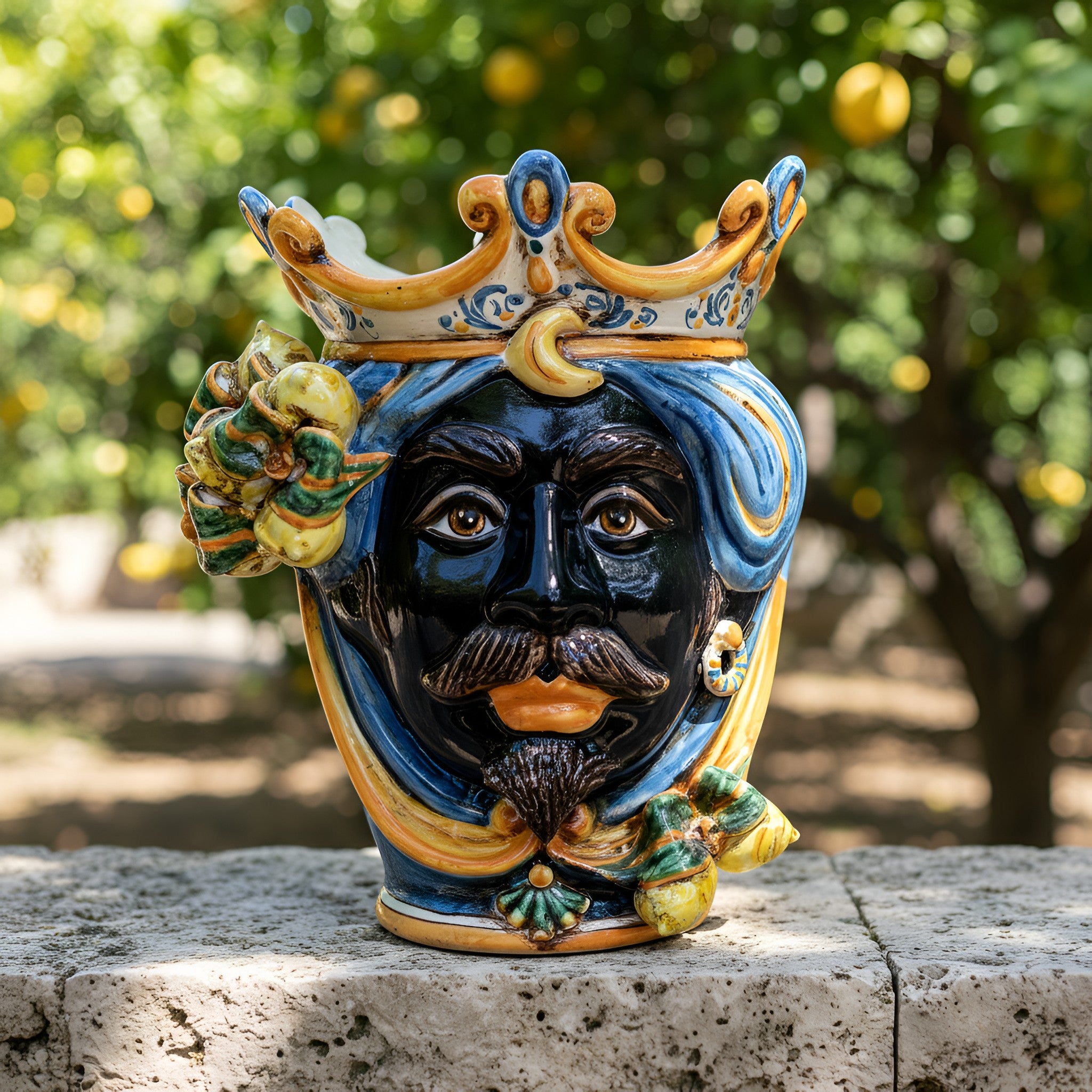 Testa di Moro Vase with Lemons H 25 cm / 9.8", Moro Man, Blue and Orange – Testa di Moro from Caltagirone, Sicily