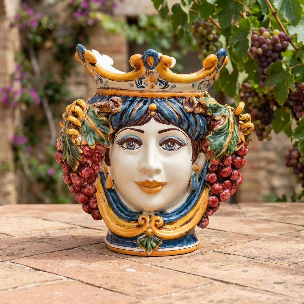 Sicilian Head Vase with Grapes H 25 cm / 9.8", Woman, Blue and Orange – Testa di Moro from Caltagirone, Sicily
