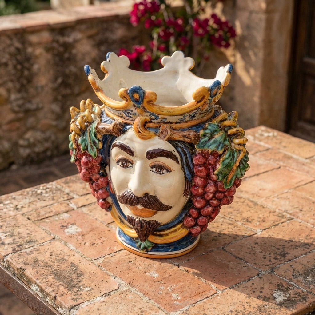 Sicilian Moor's Head with Grapes H 25 cm / 9.8", White Man, Blue and Orange – Testa di Moro from Caltagirone, Sicily