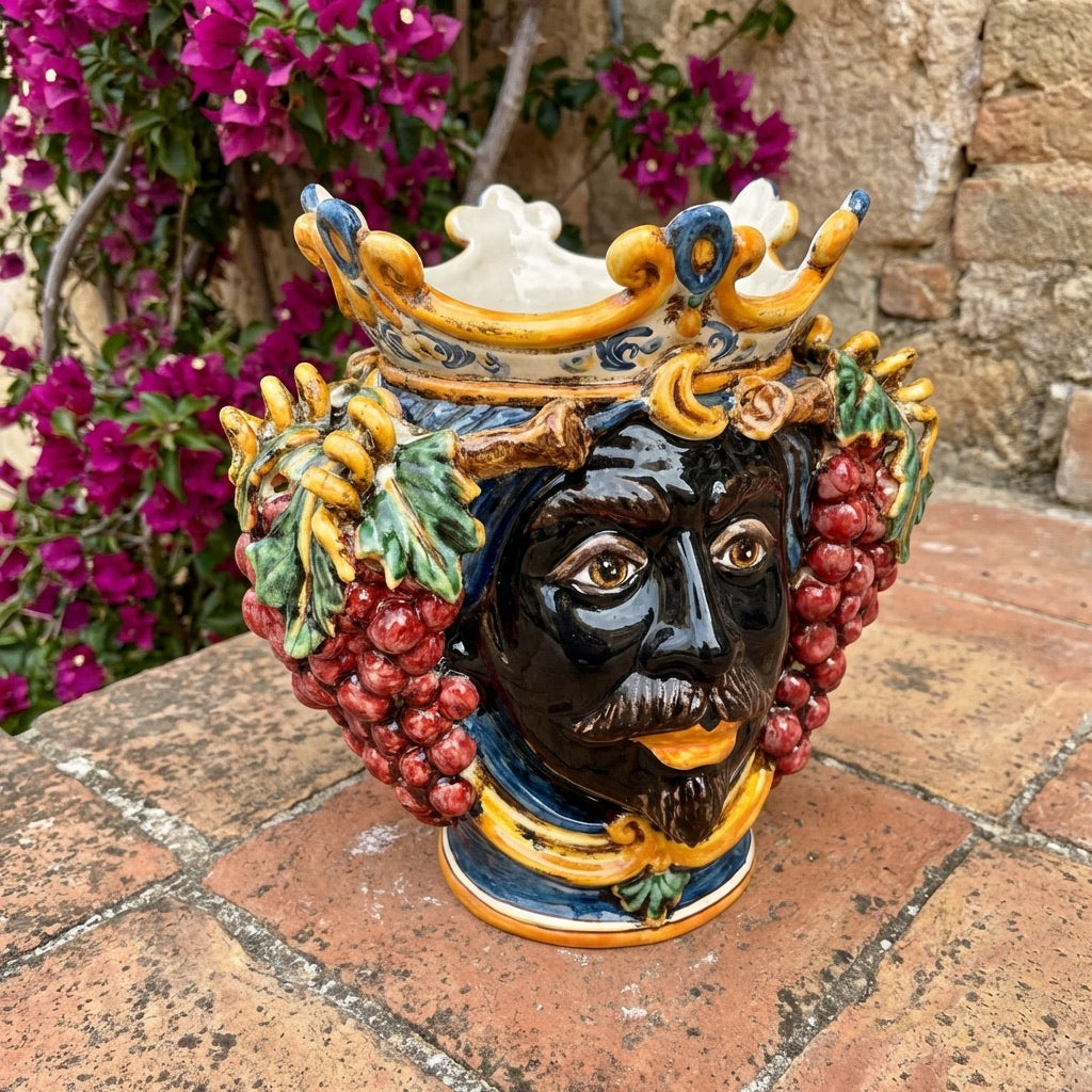 Sicilian Moor's Head with Grapes H 25 cm / 9.8", Moro Man, Blue and Orange – Testa di Moro from Caltagirone, Sicily