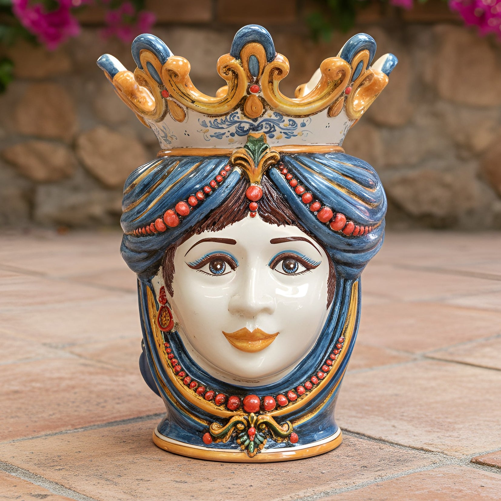 Sicilian Head Vase with Beads H 40 cm / 15.7", Woman, Decoro Sicily – Testa di Moro from Caltagirone, Sicily