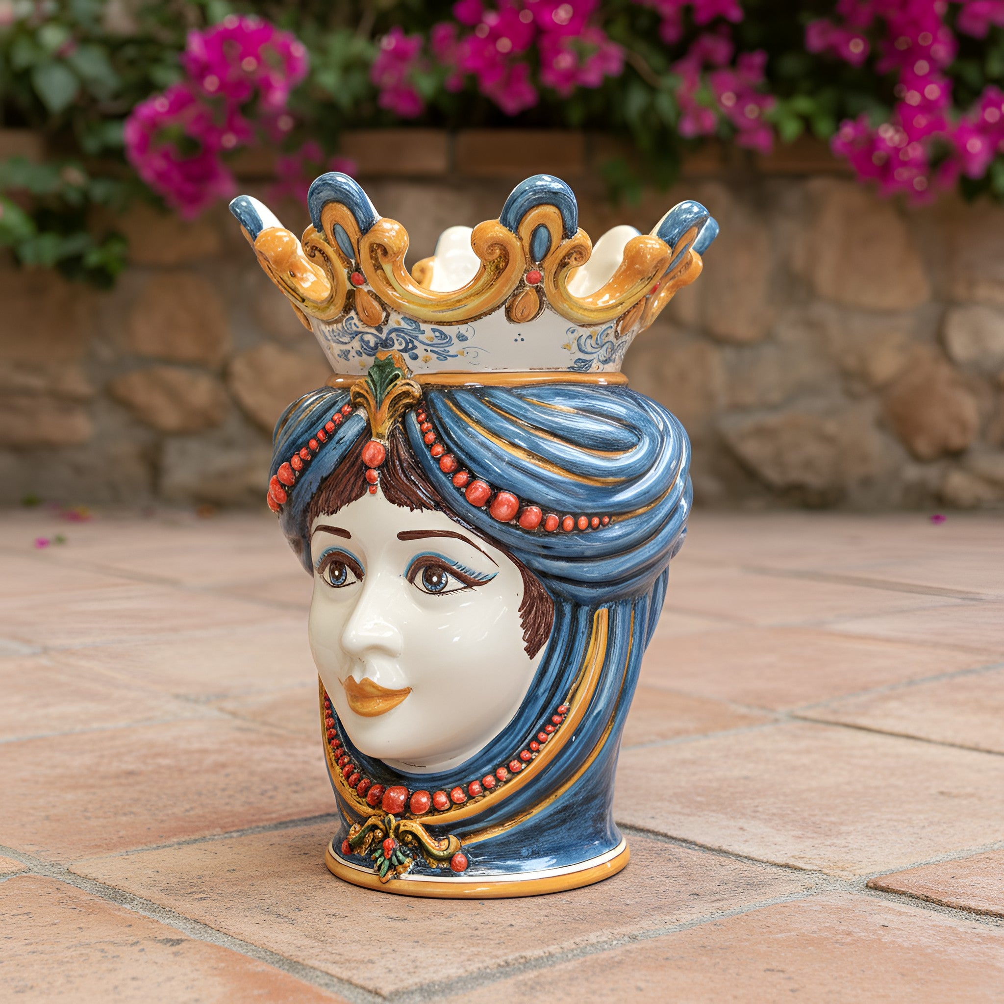 Sicilian Head Vase with Beads H 40 cm / 15.7", Woman, Decoro Sicily – Testa di Moro from Caltagirone, Sicily