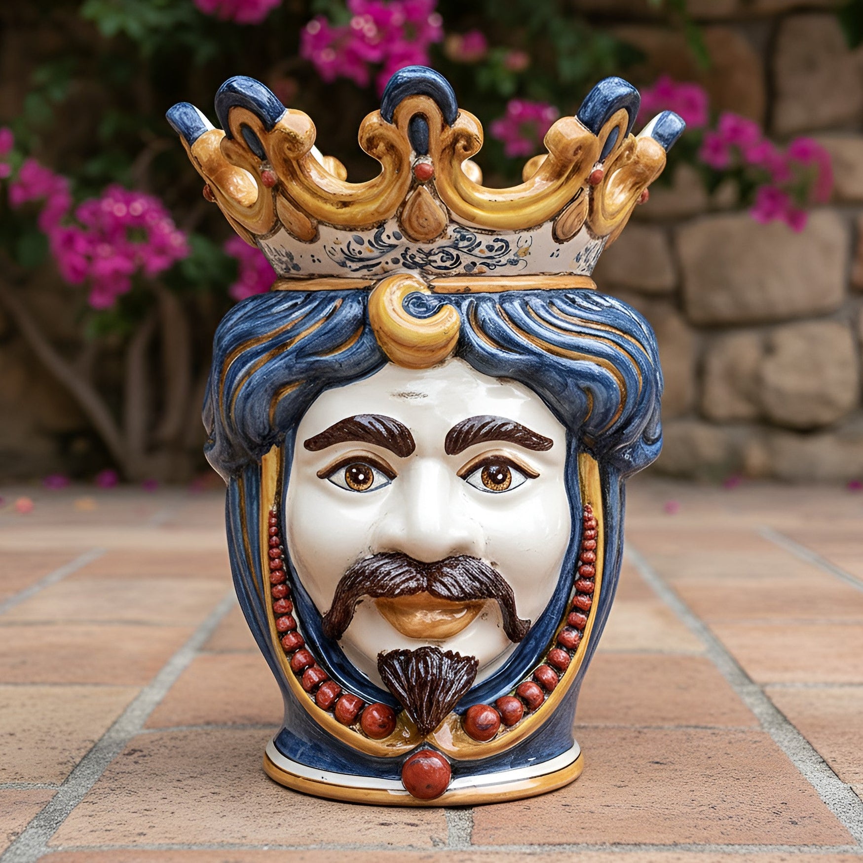 Moor's Head Vase with Beads H 40 cm / 15.7", White Man, Decoro Sicily – Testa di Moro from Caltagirone, Sicily