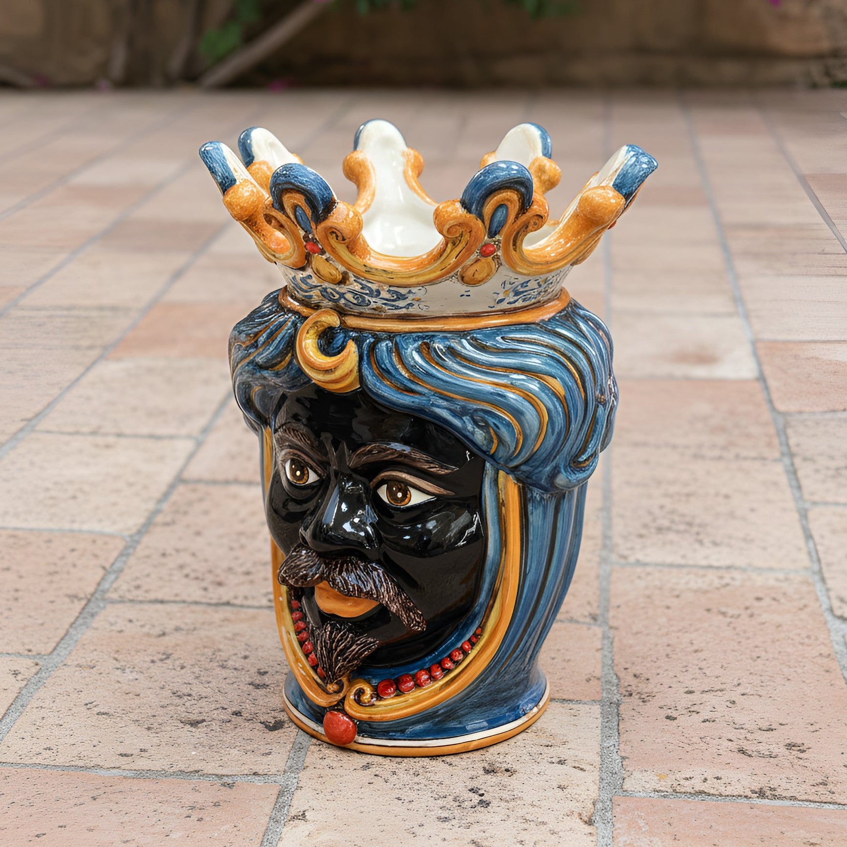 Sicilian Head Vase with Beads H 40 cm / 15.7", Moro Man, Decoro Sicily – Testa di Moro from Caltagirone, Sicily
