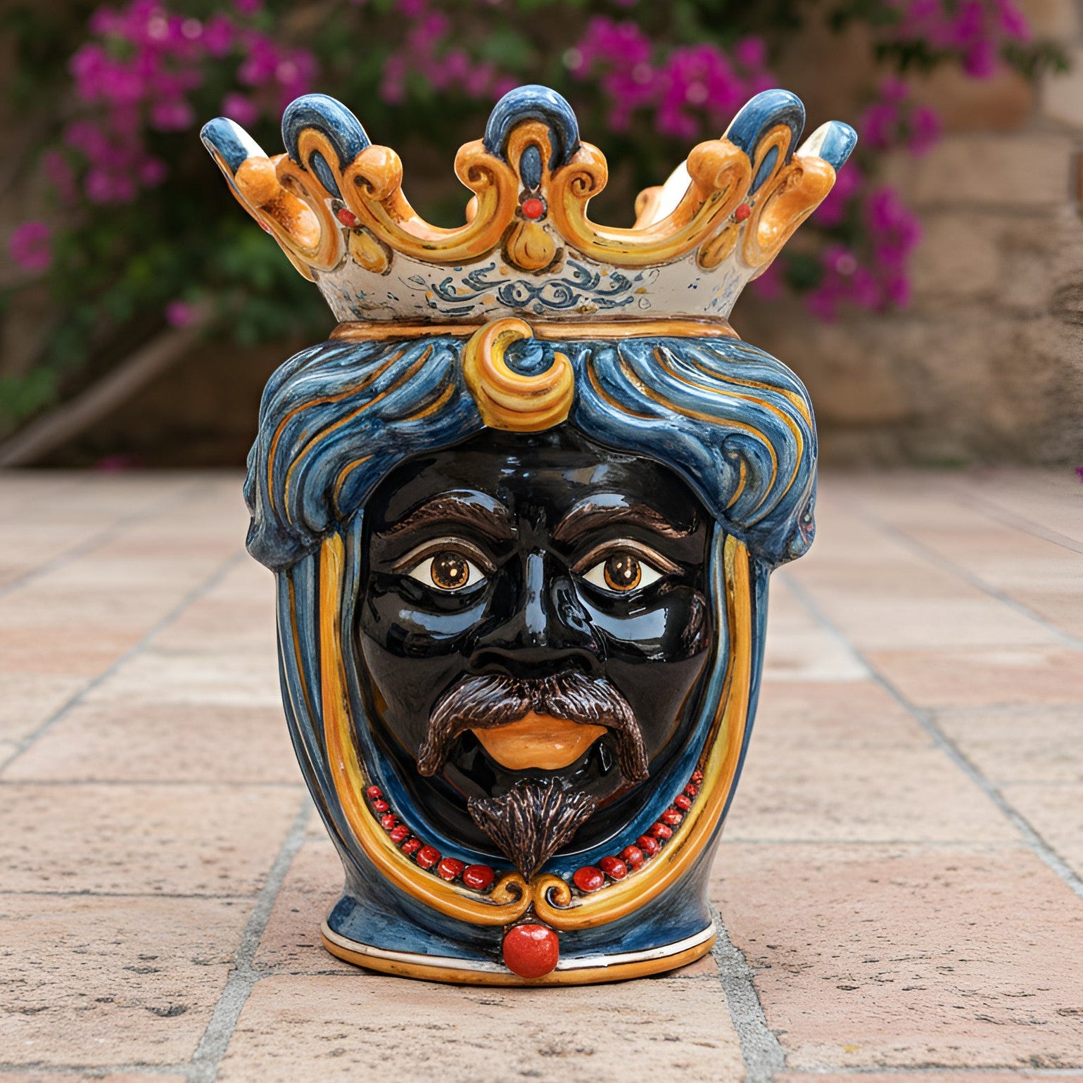 Sicilian Head Vase with Beads H 40 cm / 15.7", Moro Man, Decoro Sicily – Testa di Moro from Caltagirone, Sicily