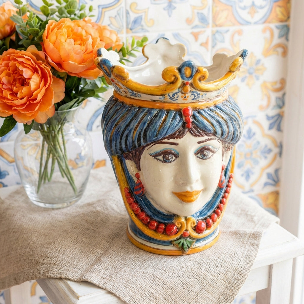 Sicilian Moor's Head with Beads H 25 cm / 9.8", Woman, Decoro Sicily – Testa di Moro from Caltagirone, Sicily