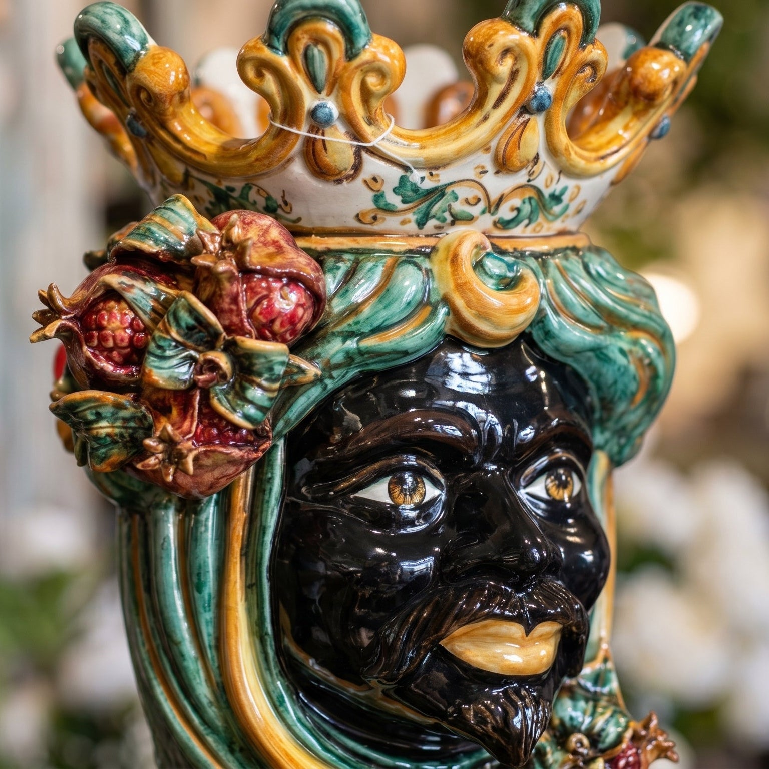 Sicilian Moor's Head with Pomegranates H 40 cm / 15.7", Moro Man, Green and Orange – Testa di Moro from Caltagirone, Sicily