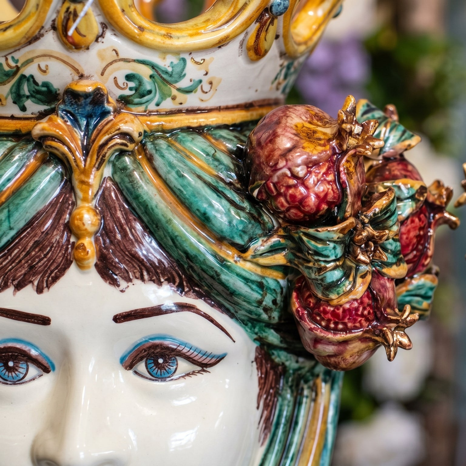 Moor's Head Vase with Pomegranates H 40 cm / 15.7", Woman, Green and Orange – Testa di Moro from Caltagirone, Sicily