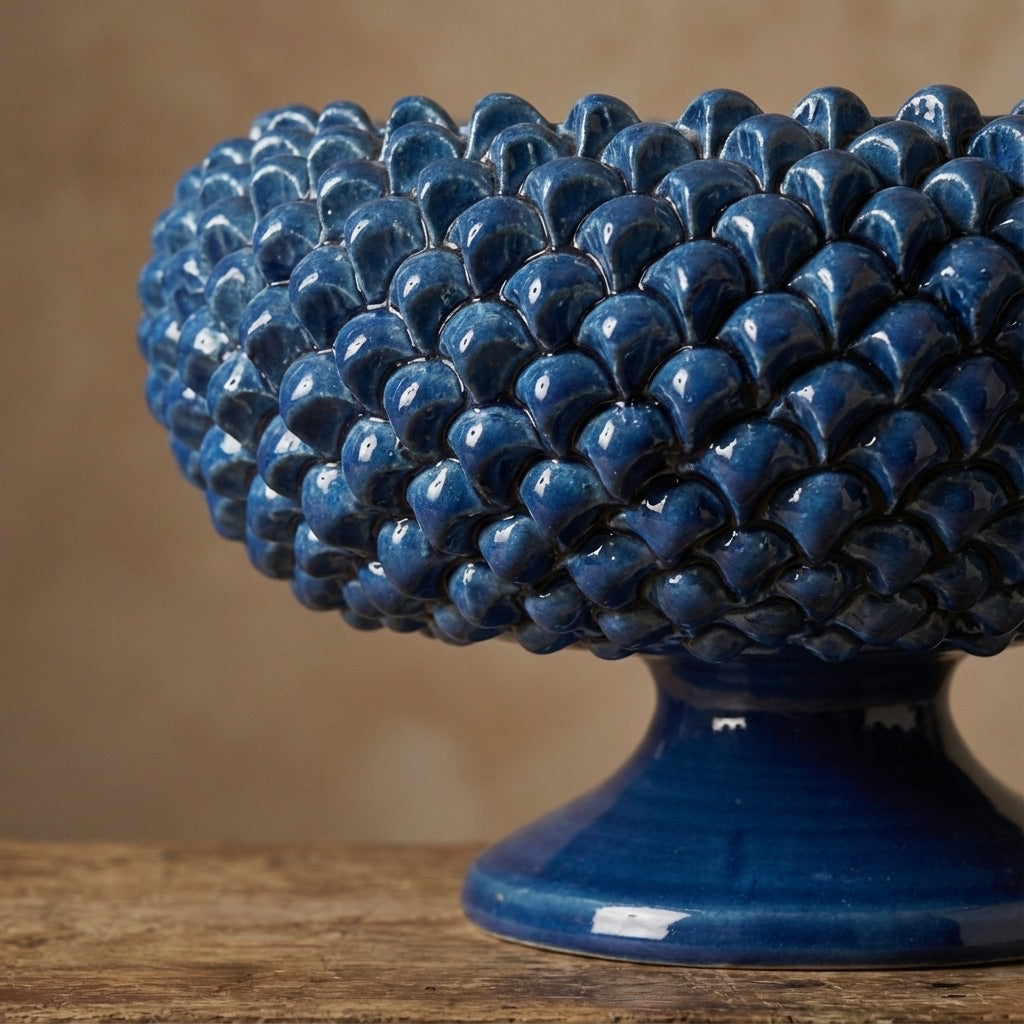 Centrotavola in ceramica Caltagirone fatti a mano, smaltato blu, su sfondo rustico.