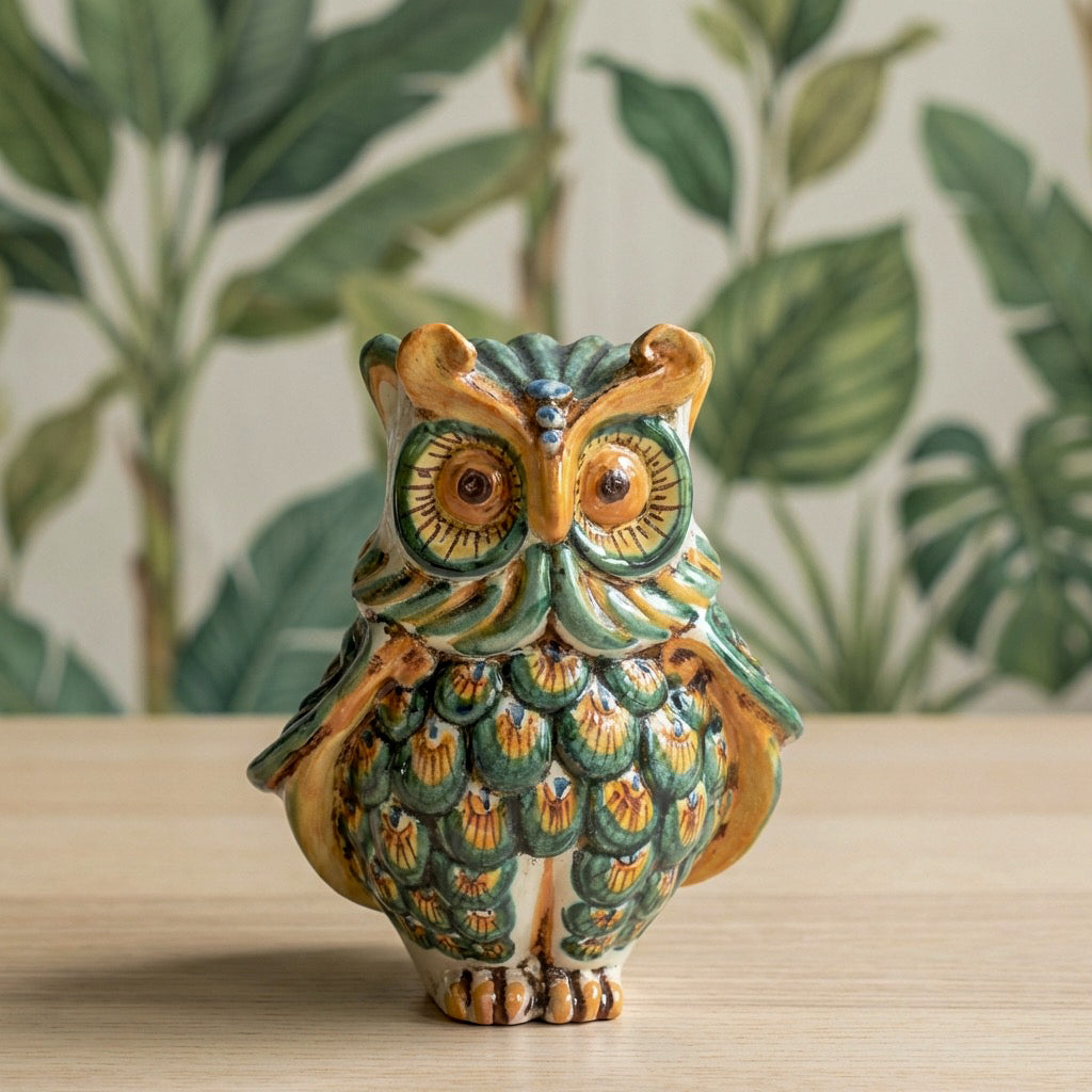 Sicilian Ceramic Owl H 15 cm / 5.9", Green and Orange – Caltagirone Ceramic – Sicilian artisan tradition